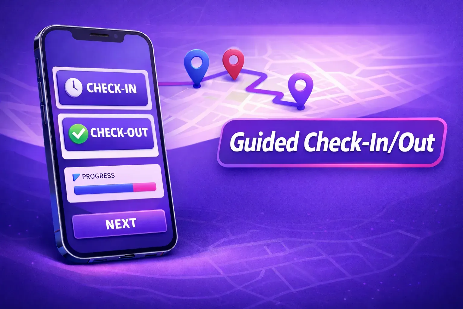 Smartphone showing Mapsly guided check-in and check-out for field service teams