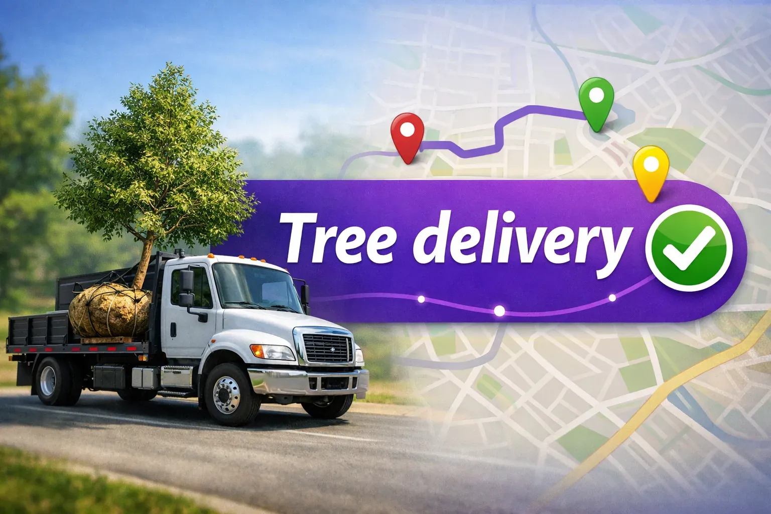 Truck carrying a tree along a planned route — Mapsly tree delivery and planting route planning