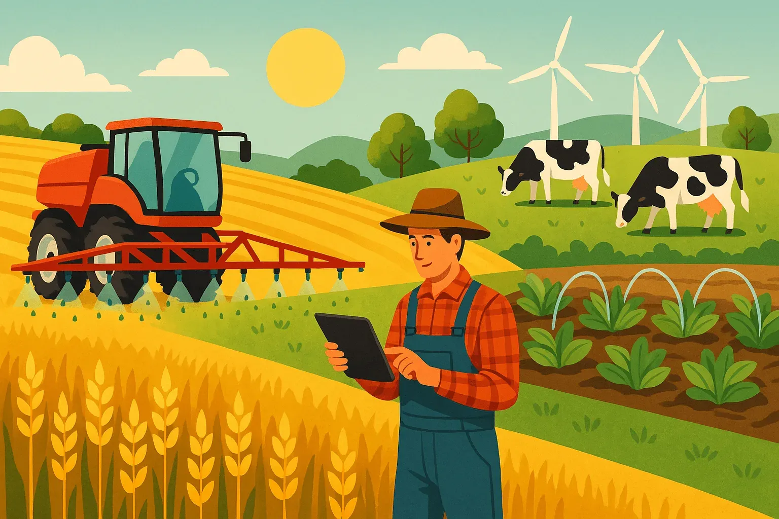 Illustration of a farmer holding a tablet in a field beside an agricultural sprayer