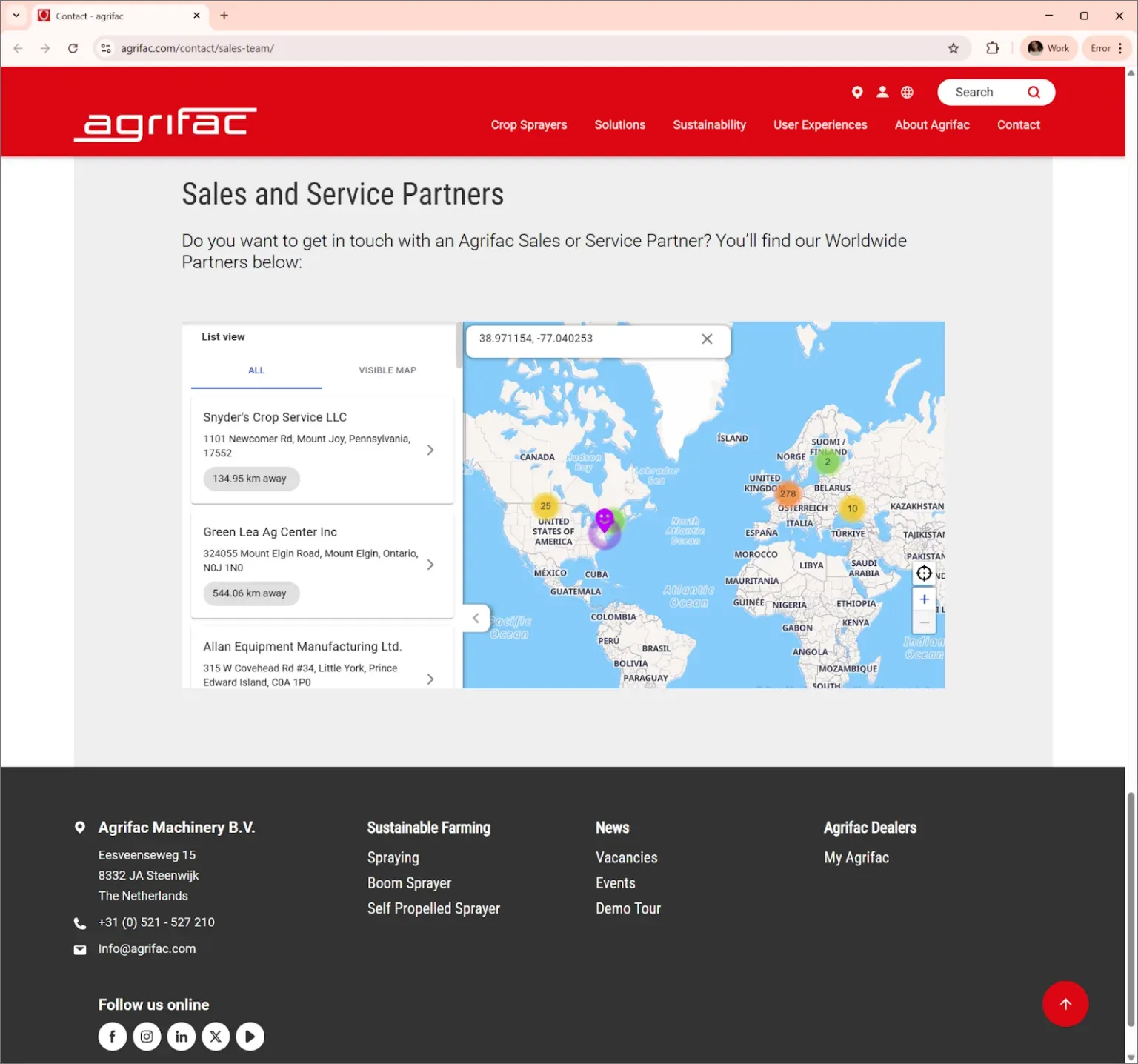 Agrifac website with an embedded Mapsly map and list of sales and service partners worldwide