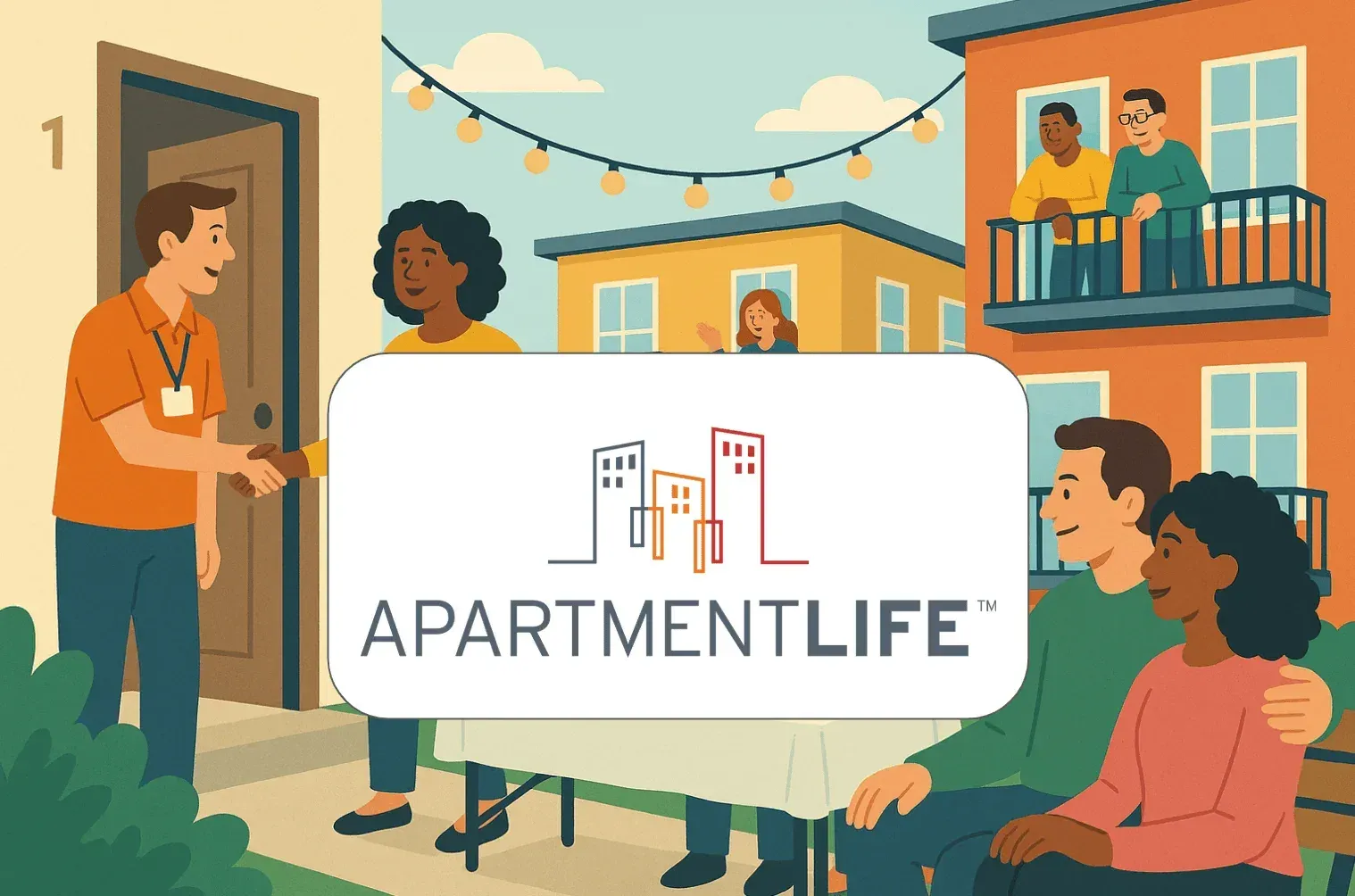 Illustration of apartment residents meeting a community coordinator, with the Apartment Life logo