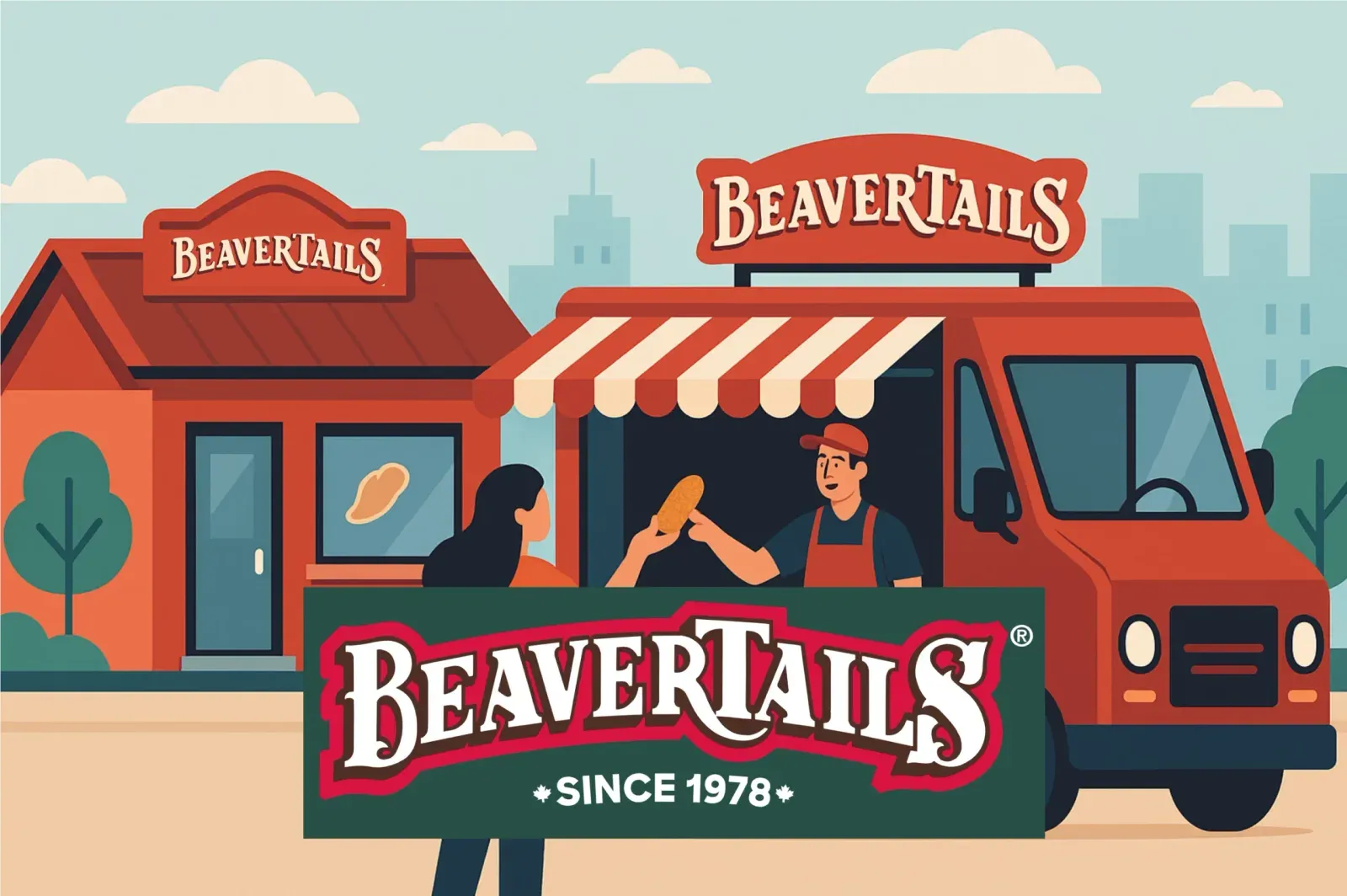 Illustration of a BeaverTails pastry shop and food truck