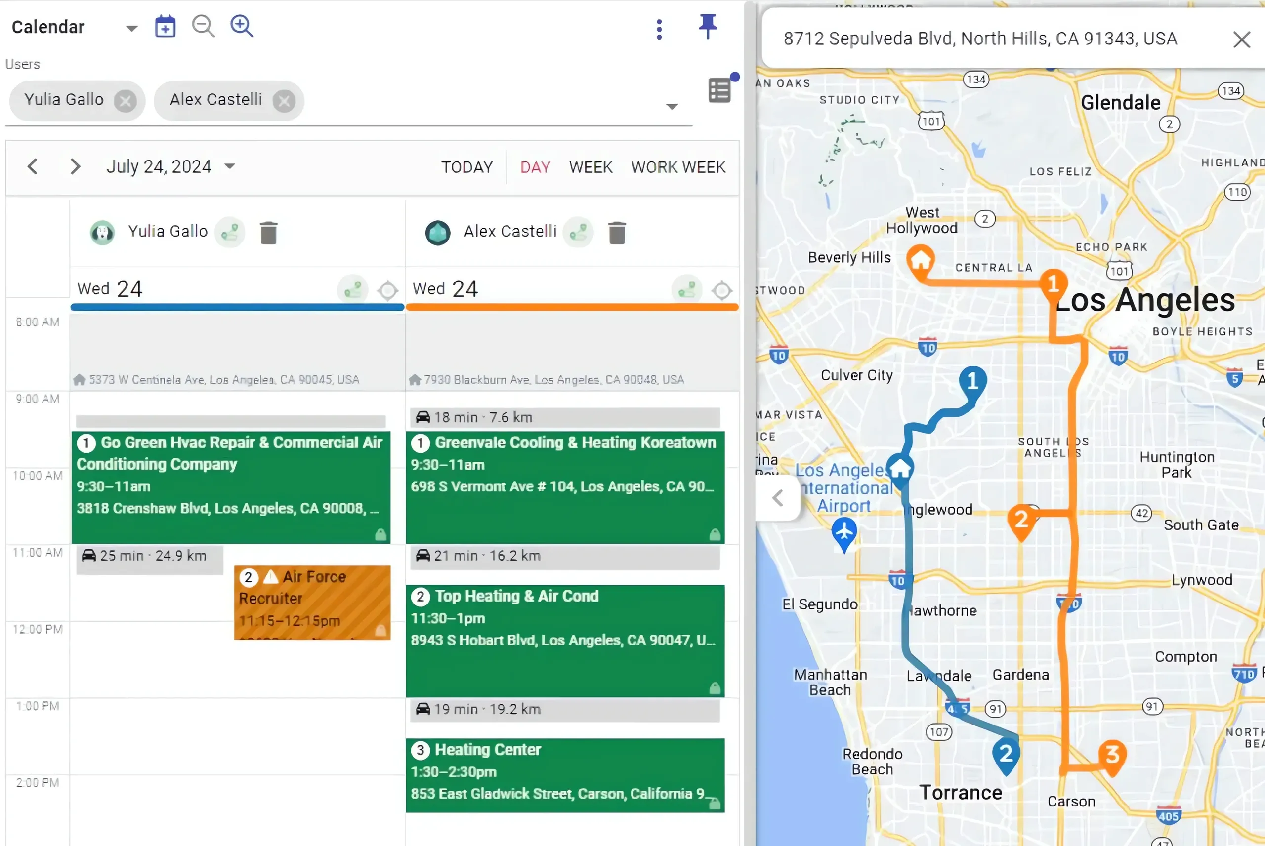 Travel-aware calendar next to the route on the map
