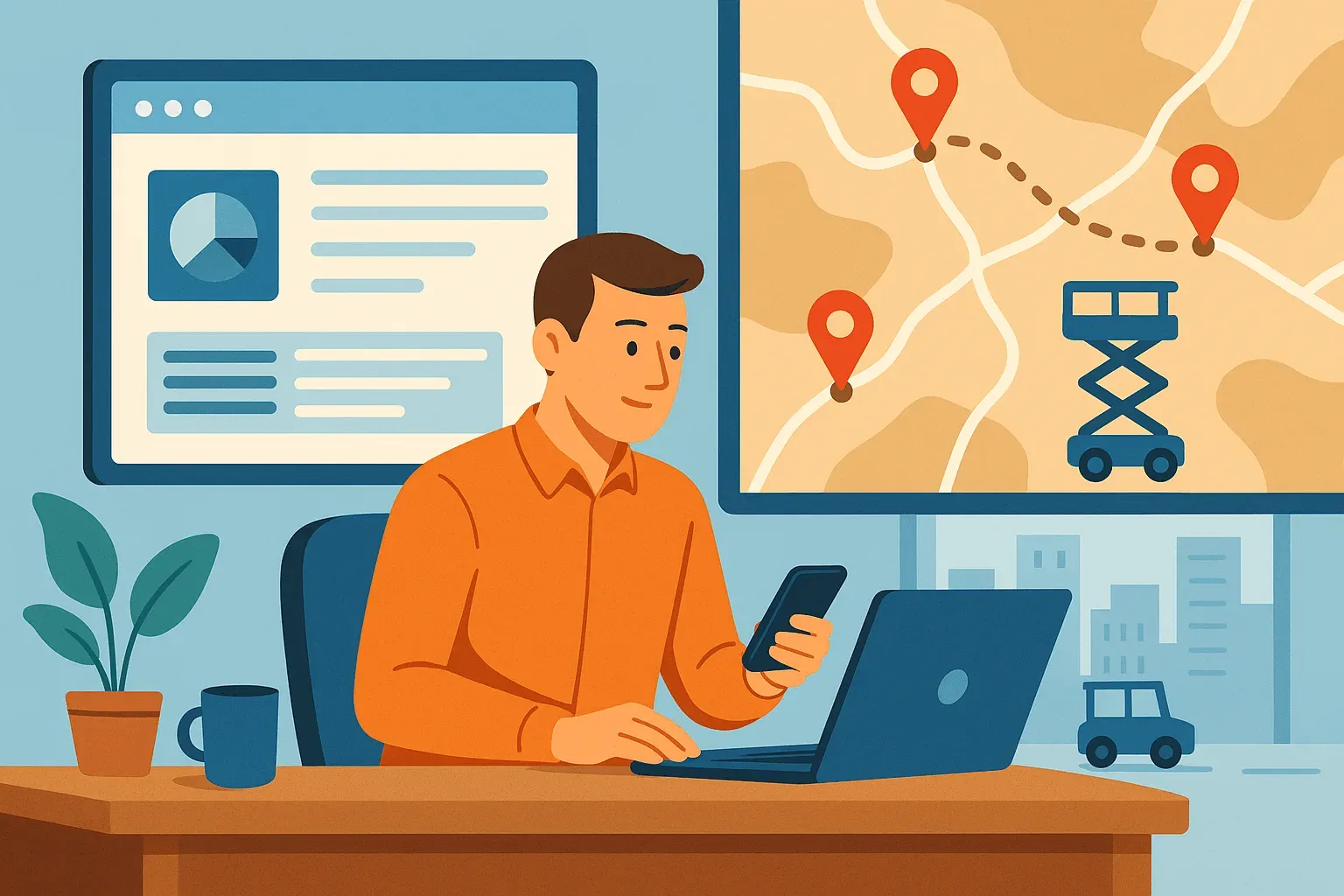 Illustration of a sales rep planning routes on a laptop and phone in front of a map