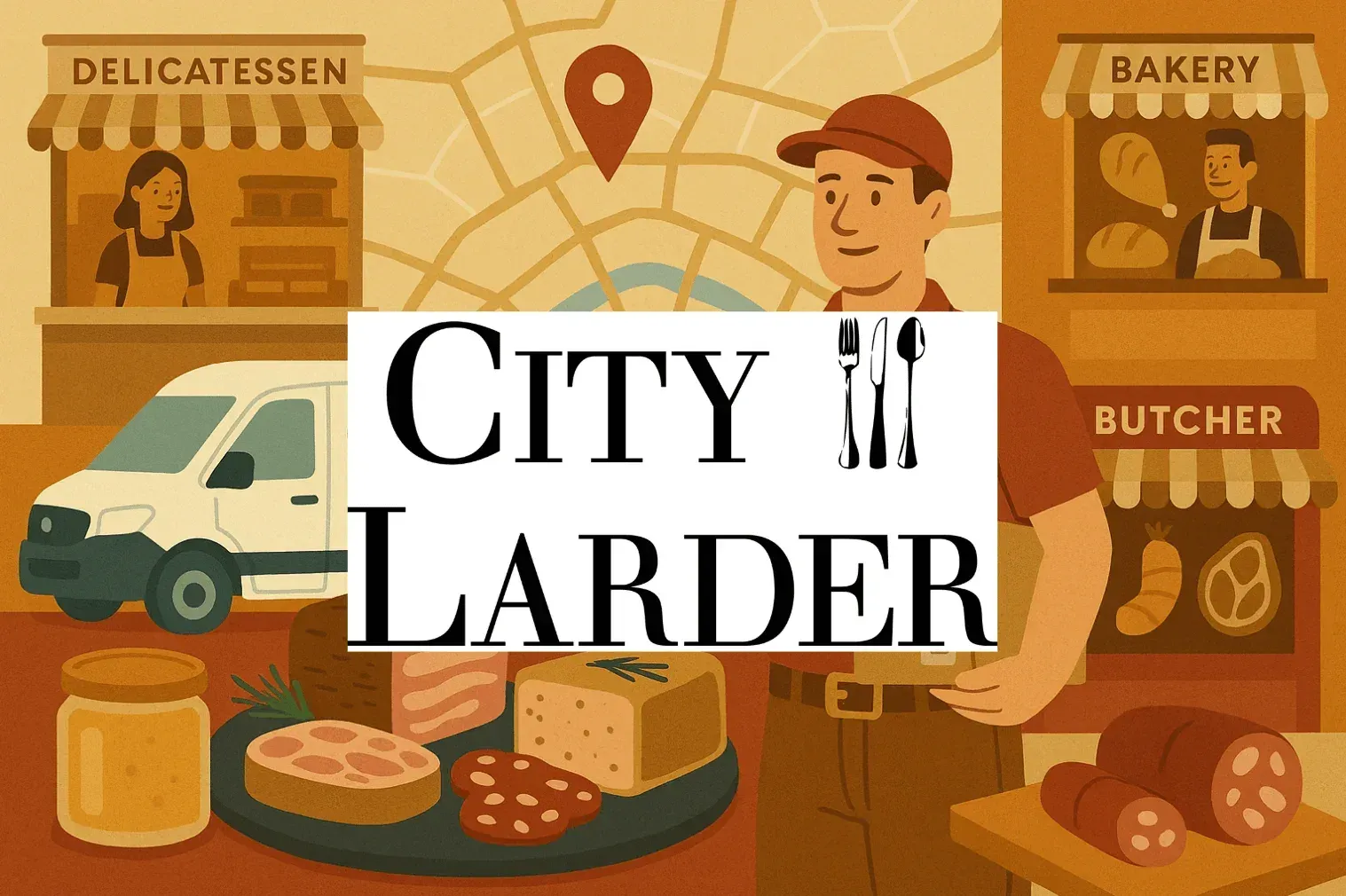 Illustration of a delicatessen, bakery, and butcher shop, with the City Larder logo