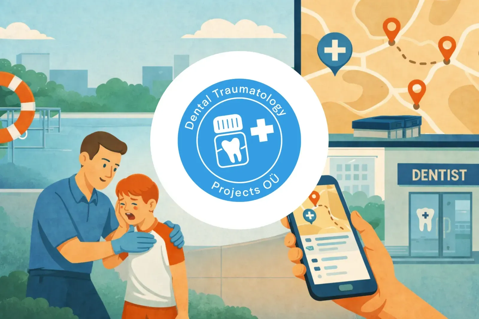 Illustration of a parent comforting a child outside a dentist’s office, with the Dental Traumatology Projects logo and a dentist finder on a phone