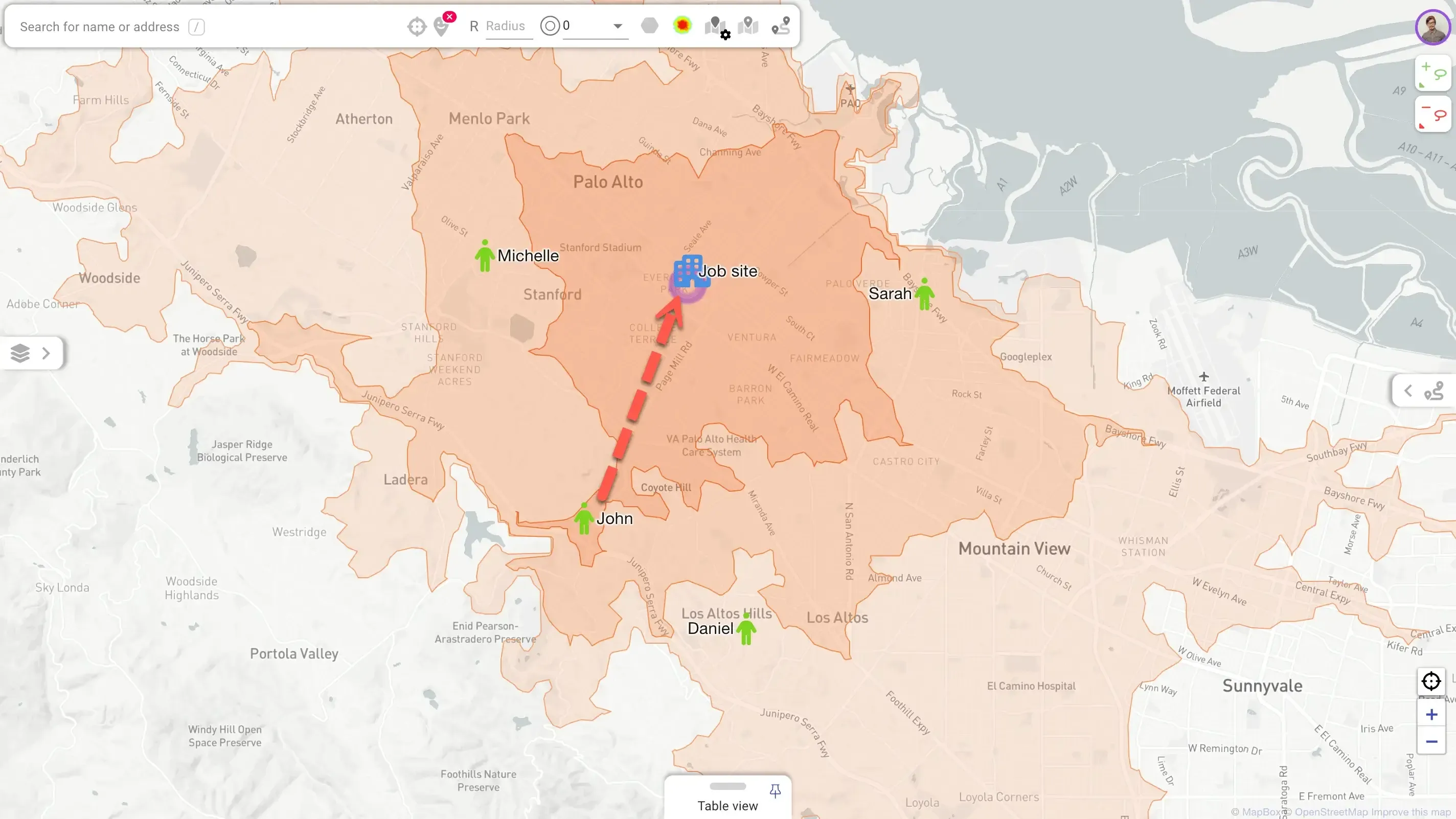 Nearest available agent matched to a job within a drive-time area on the map