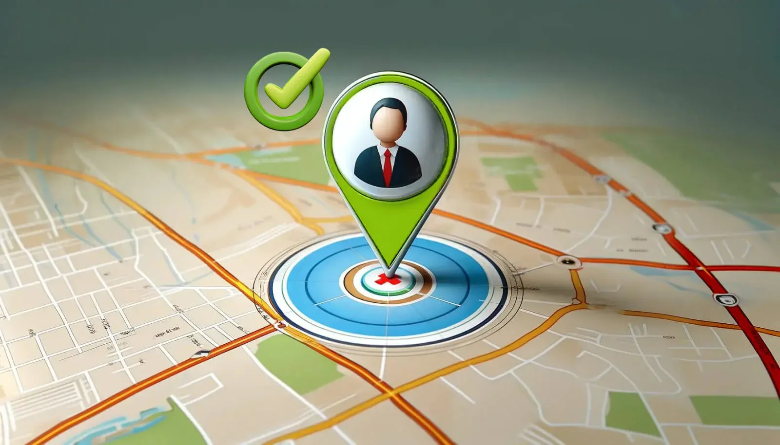 Illustration of a map pin with a verified check-in mark inside a geofence
