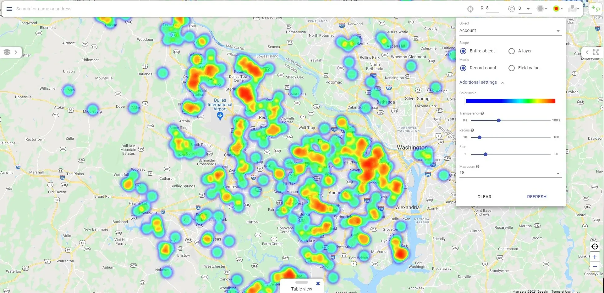 Mapsly heatmap of account density around Washington, DC, and Northern Virginia, with the heatmap settings panel: object, scope, metric, color scale, transparency, radius, blur, and max zoom