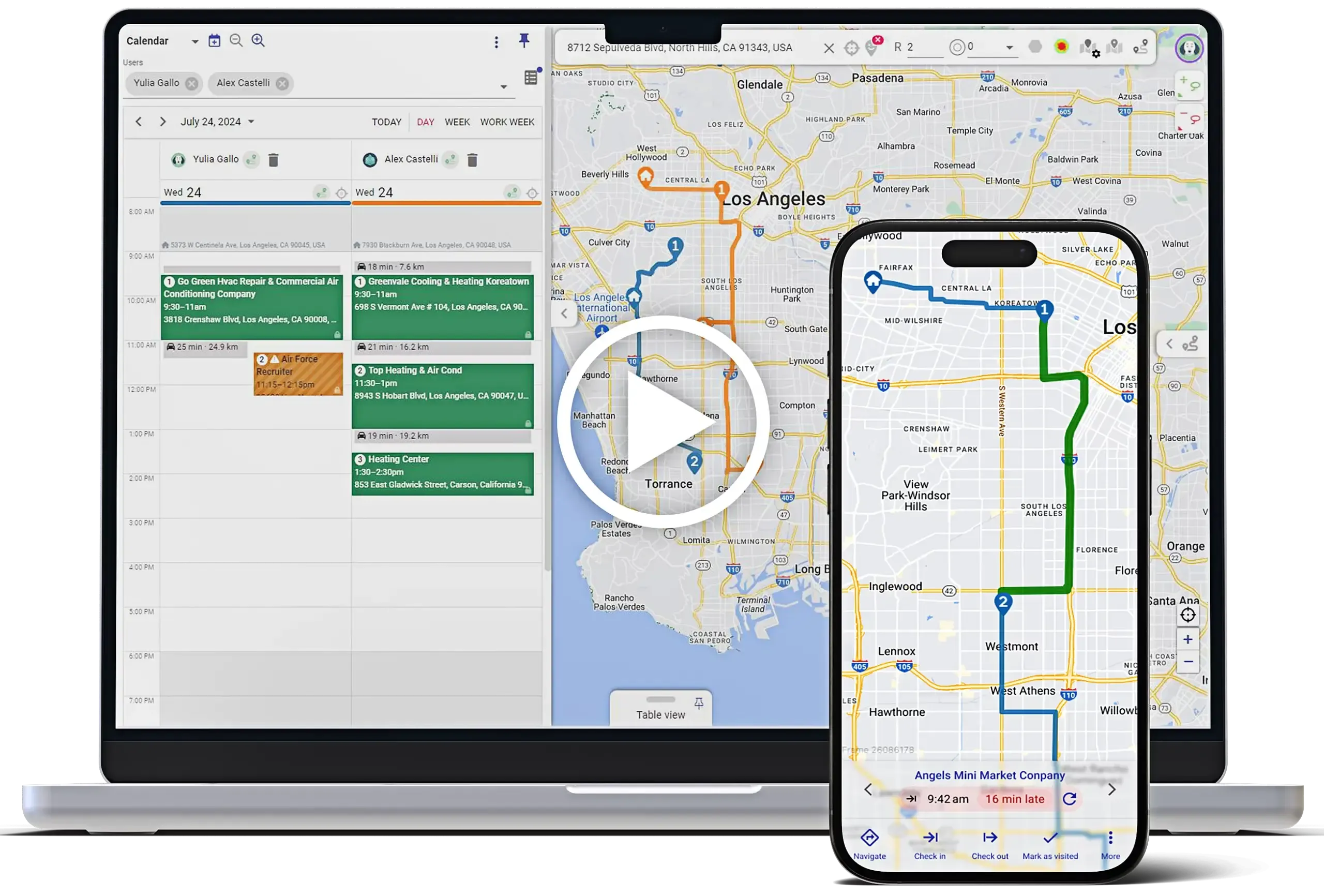 Mapsly on a laptop showing team routes next to a travel-aware calendar, and the Mapsly mobile app showing a route