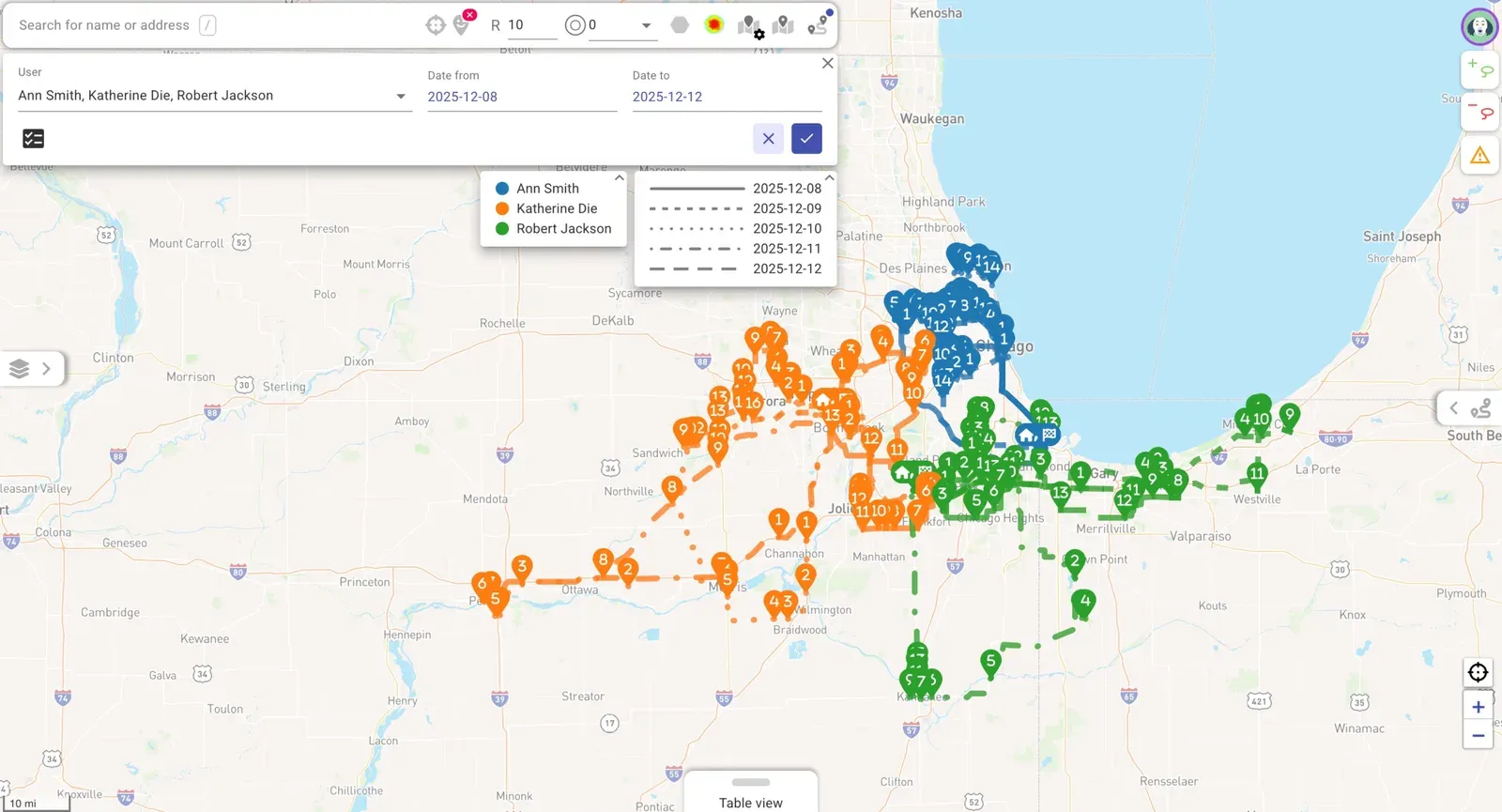 Regular Visit Planner results: a month of routes for 30+ reps on the Mapsly map and calendar