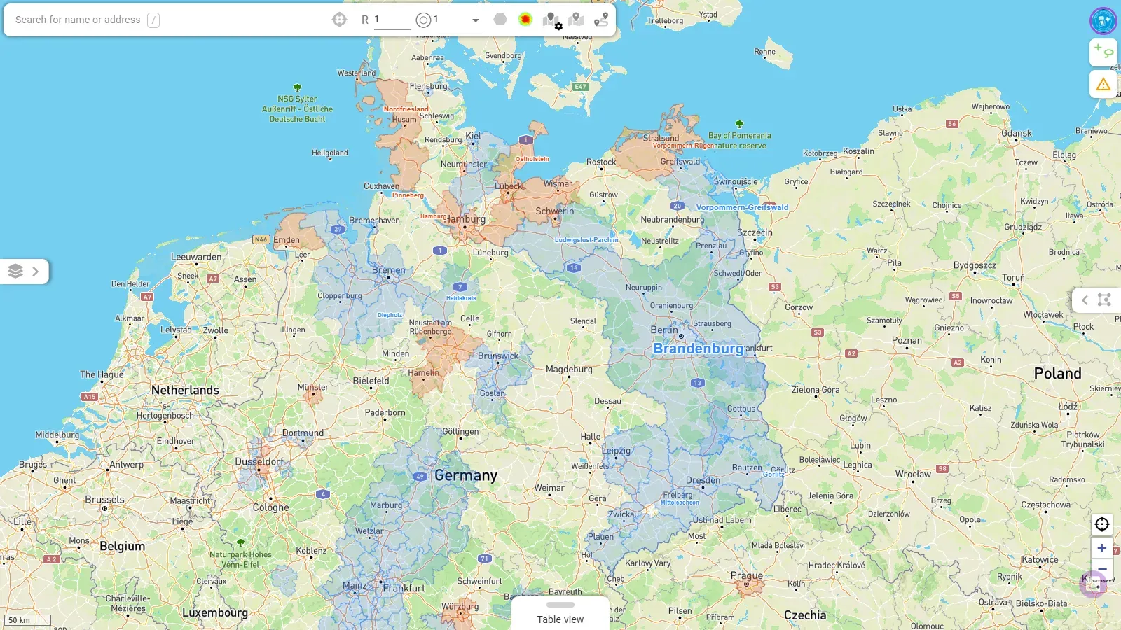 Mapsly territories across Germany, colored by rollout status