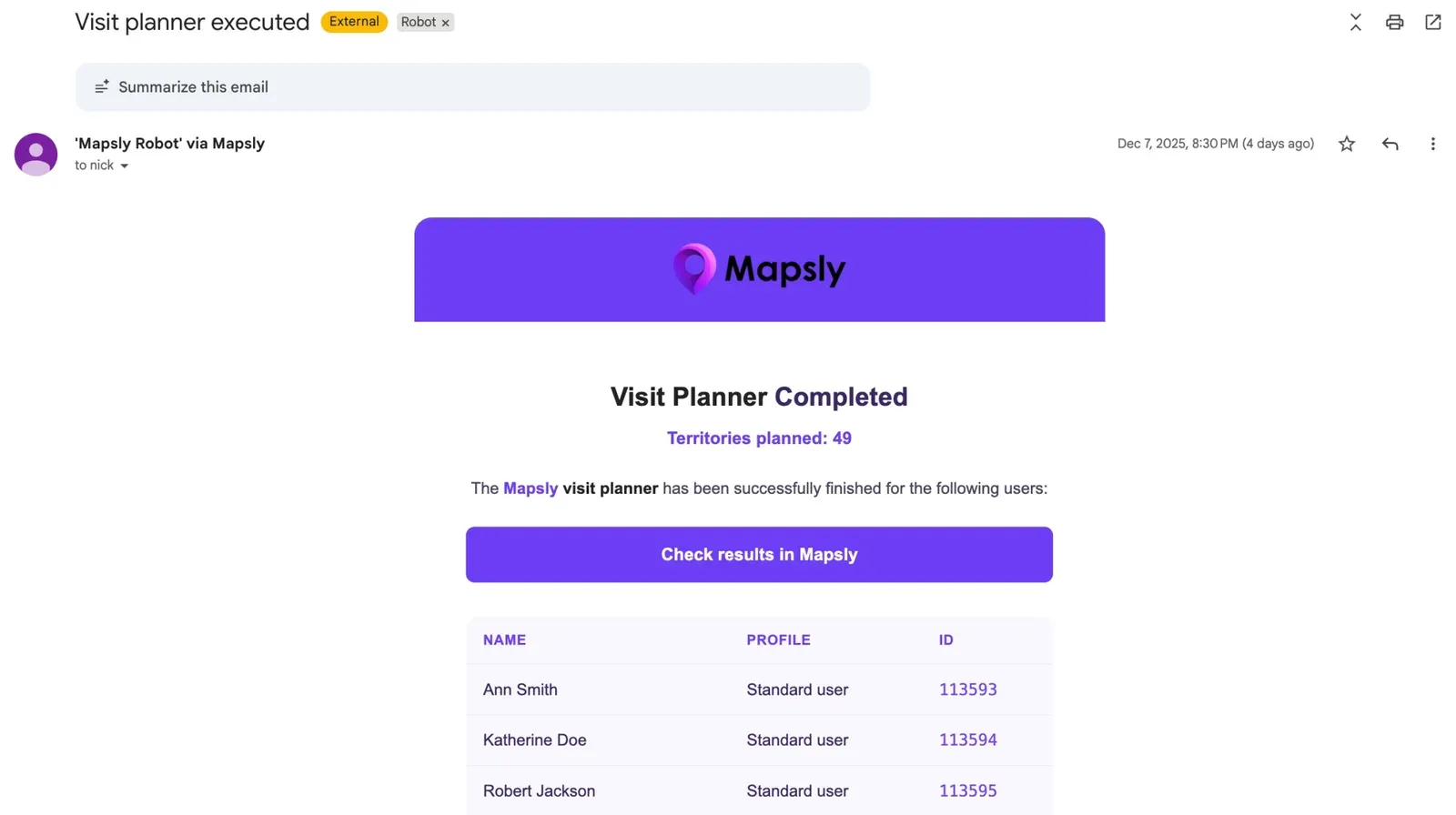 Email notification summarizing a completed planner run and visits that could not be scheduled