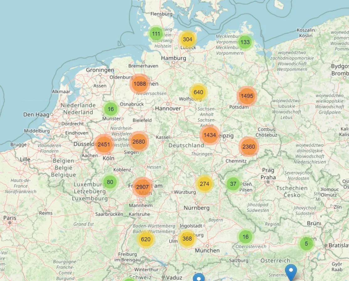 Clustered map of Tooth Rescue Box locations across Germany and neighboring countries