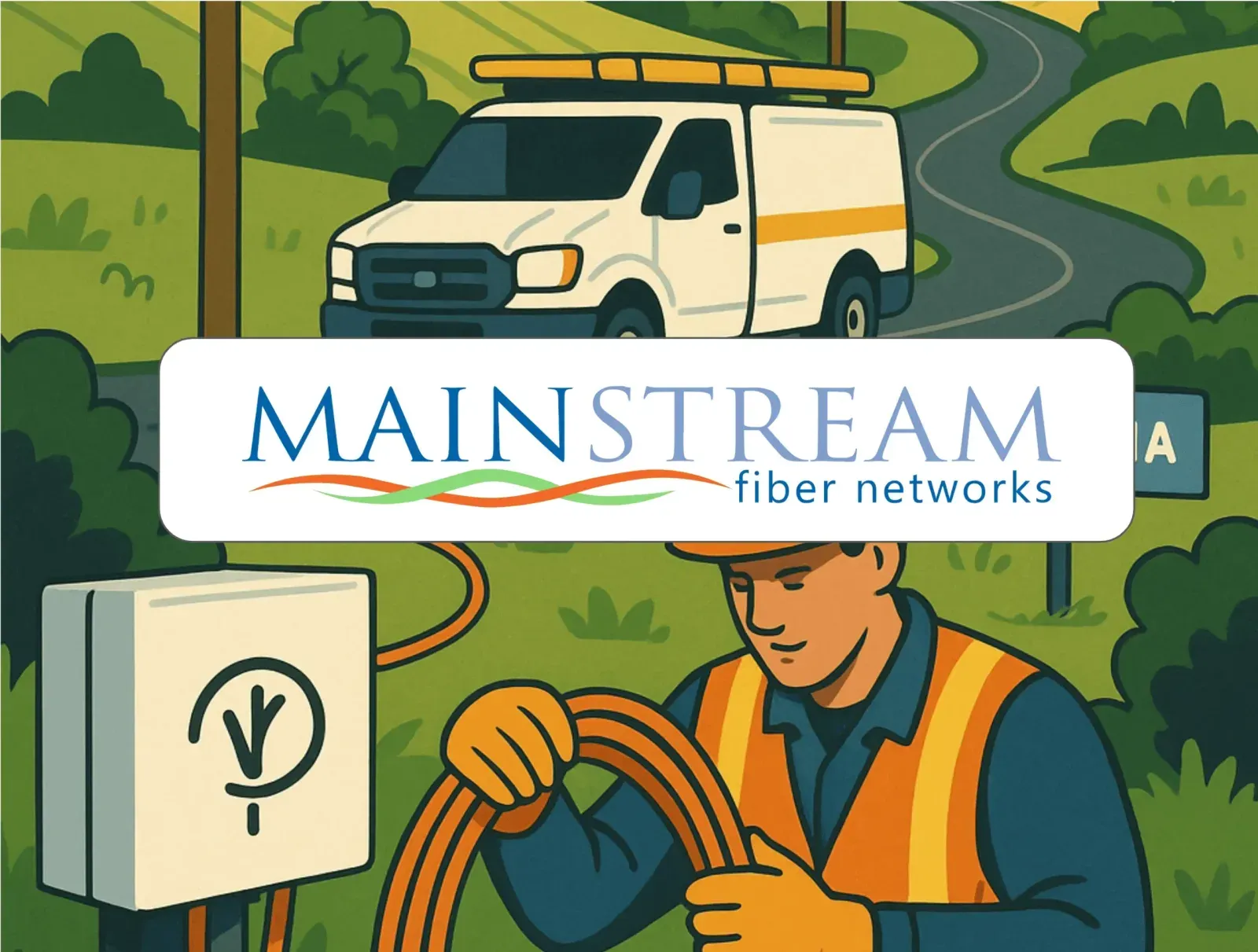 Illustration of a fiber technician and service van, with the Mainstream Fiber Networks logo