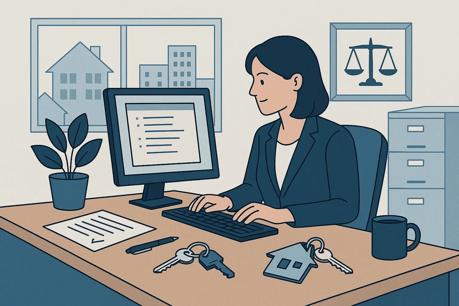 Illustration of an account manager working at a desk in a conveyancing office