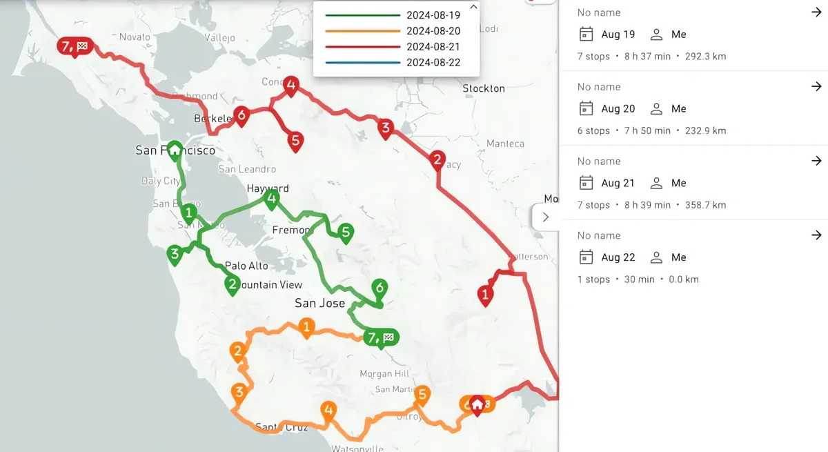 Long-haul routes with night stops on the Mapsly map