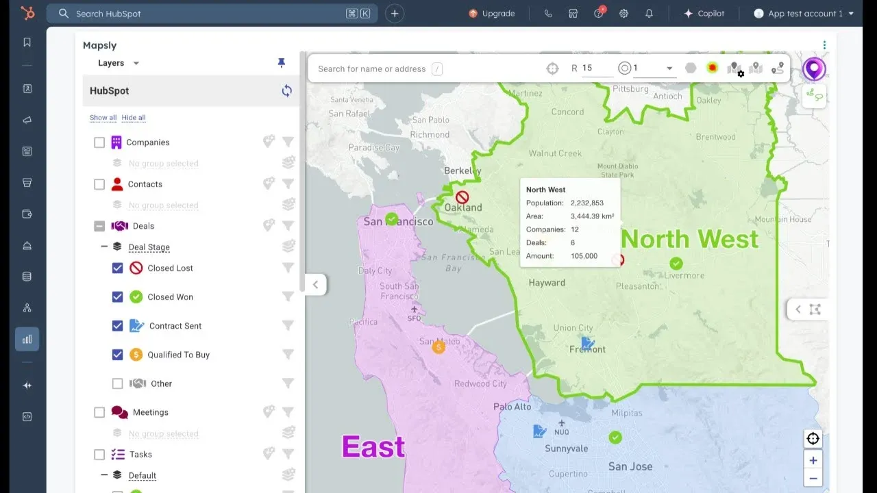 HubSpot companies, contacts, deals and meetings shown as map layers in Mapsly