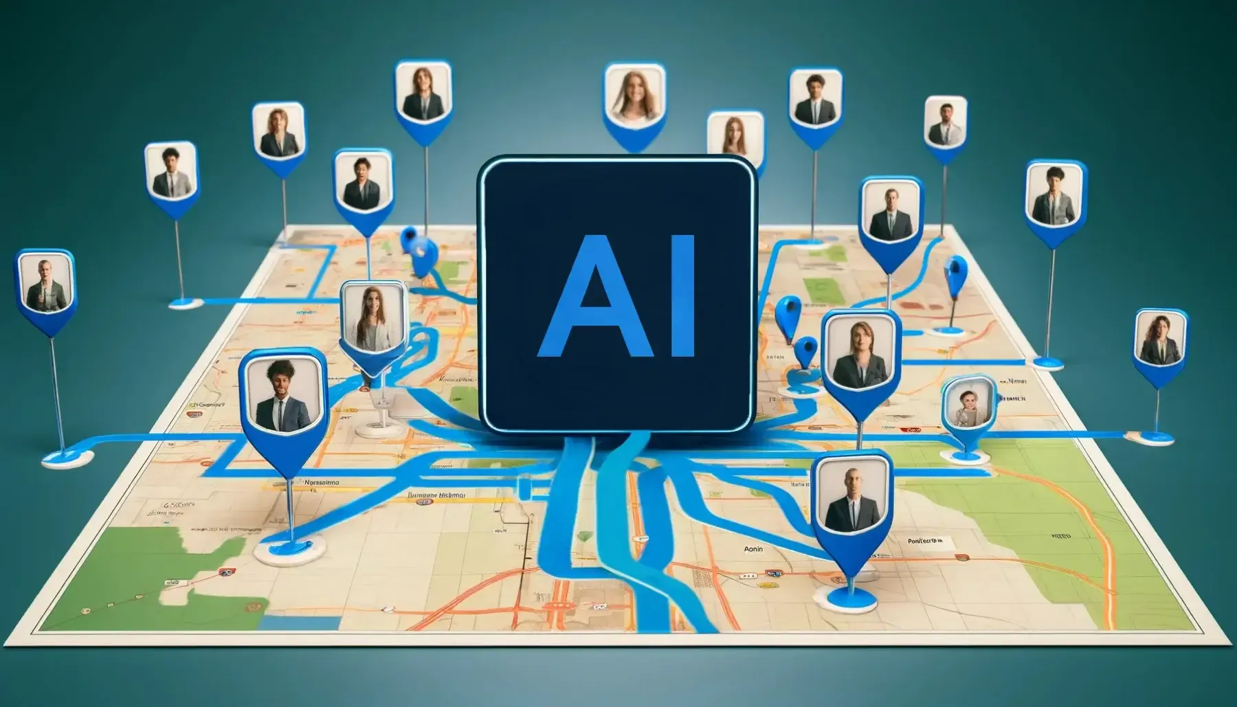 Illustration of field team members on a map connected to an AI chip