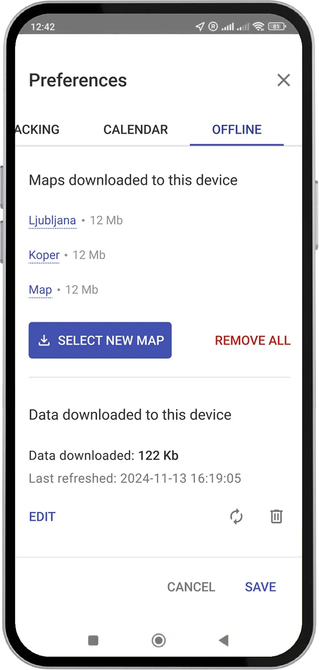 Mapsly mobile app preferences, Offline tab: maps downloaded to the device and cached data with the last refresh time