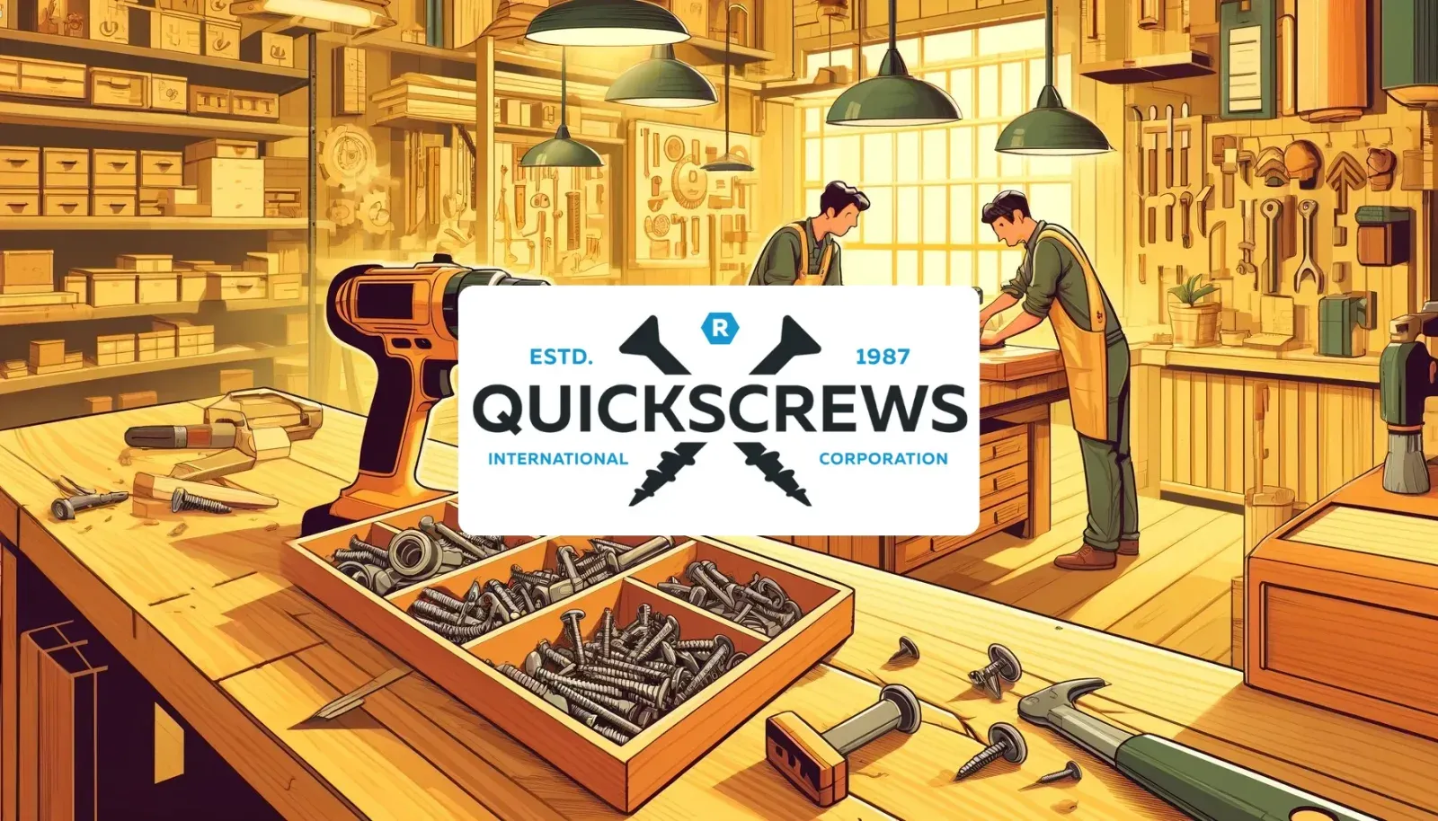 Illustration of a woodworking shop with trays of fasteners, with the Quickscrews logo