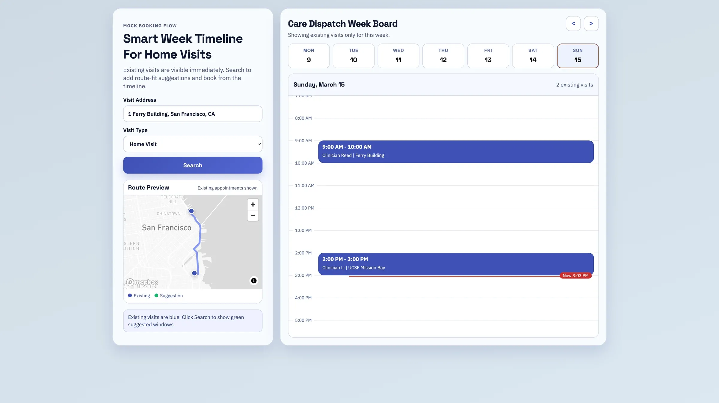 Home-visit week board showing two existing appointments on the day timeline, a visit address search, and a route preview map of San Francisco