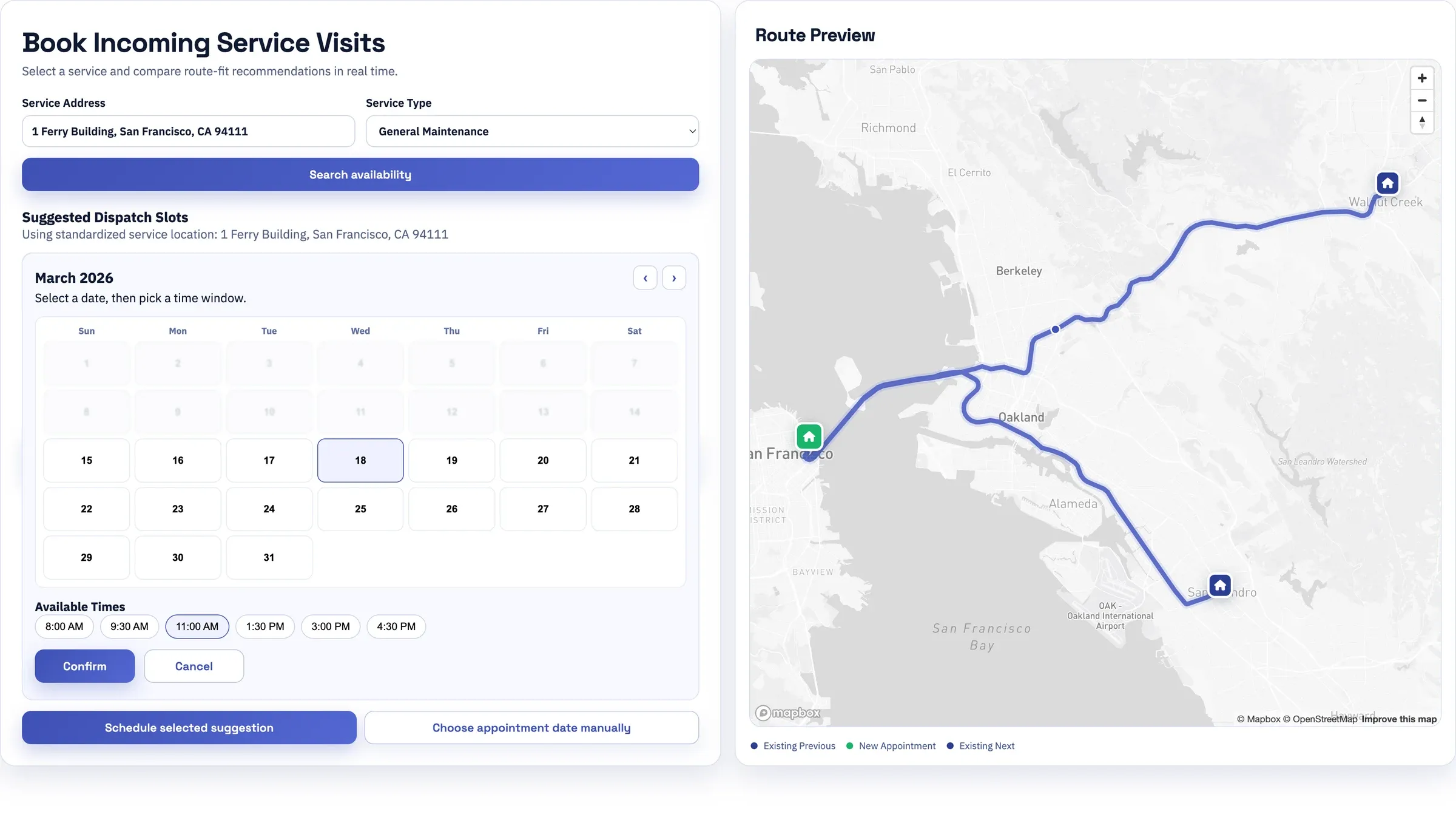 Manual booking calendar for picking an appointment date and available time next to the route preview