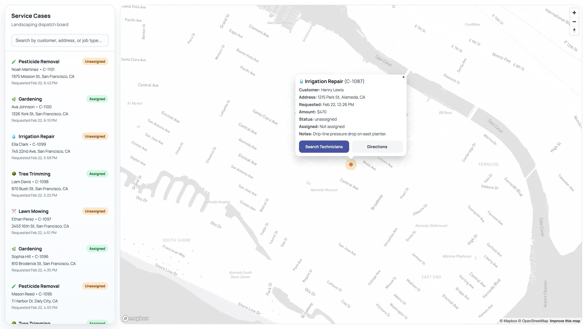 Service case popup with customer, address, request date, status, and notes, plus Search Technicians and Directions buttons