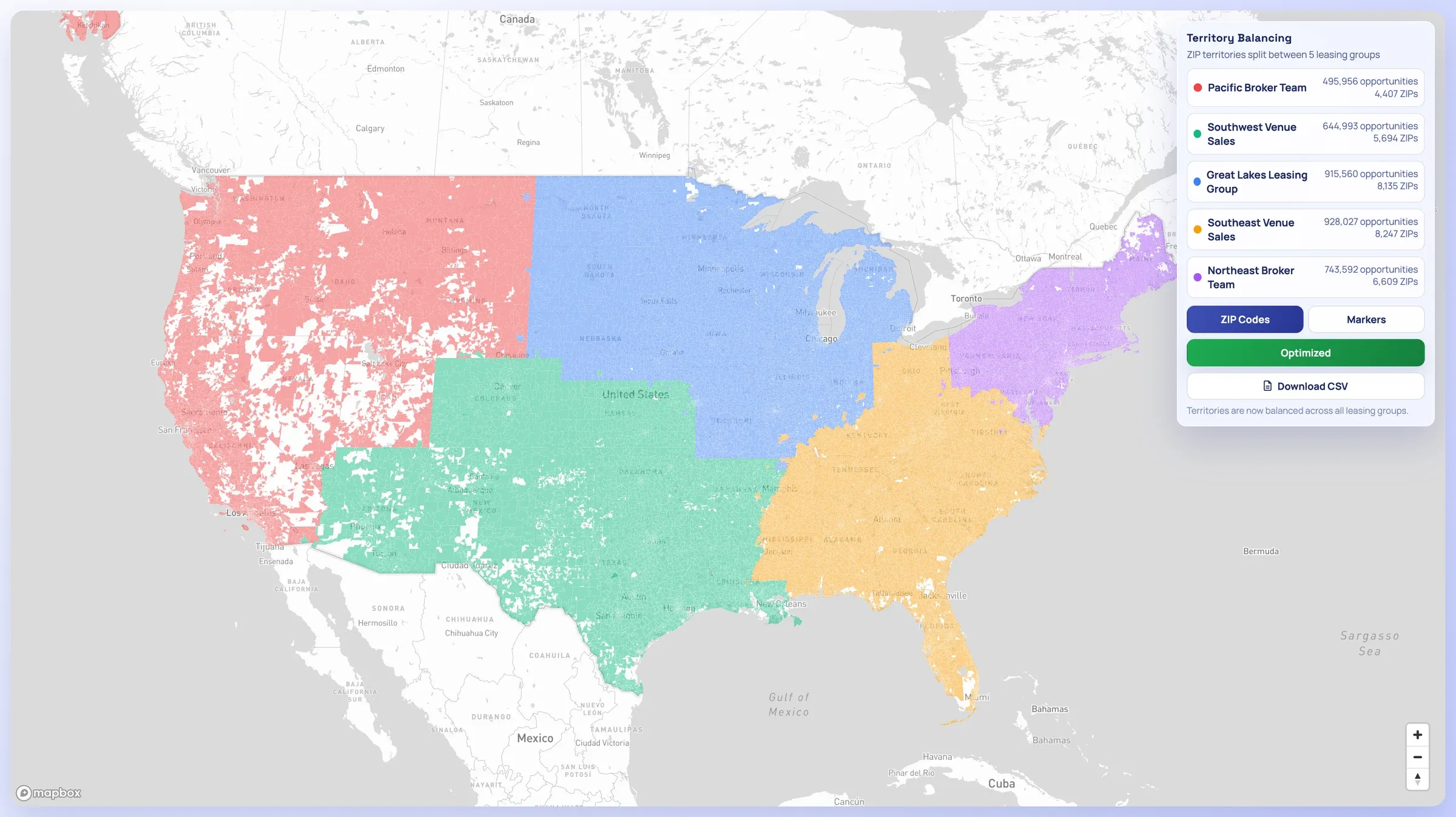 Territories after optimization, rebalanced across the five groups, with a Download CSV button