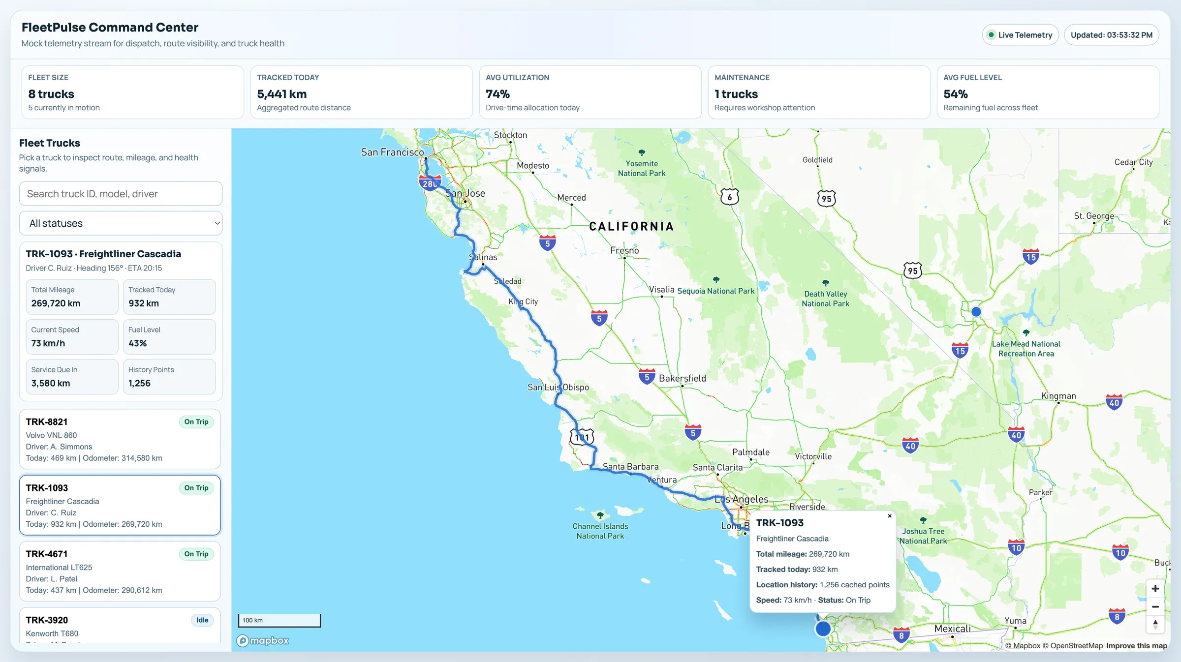 Fleet dashboard with another truck selected, showing its route along the California coast and a popup with mileage, location history, speed, and status