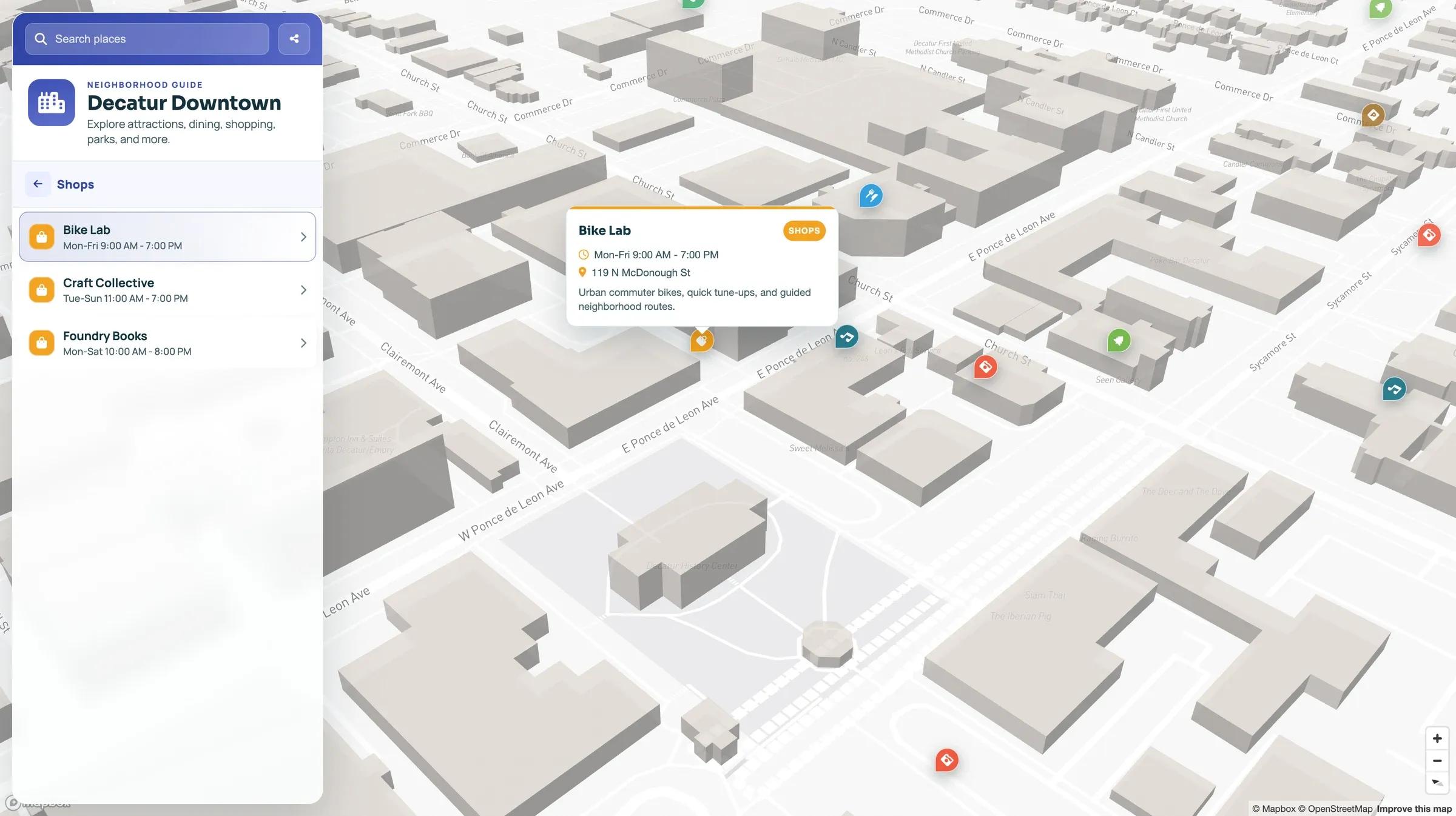 Shops category open in the neighborhood guide, with a popup for a bike shop showing hours, address, and a short description