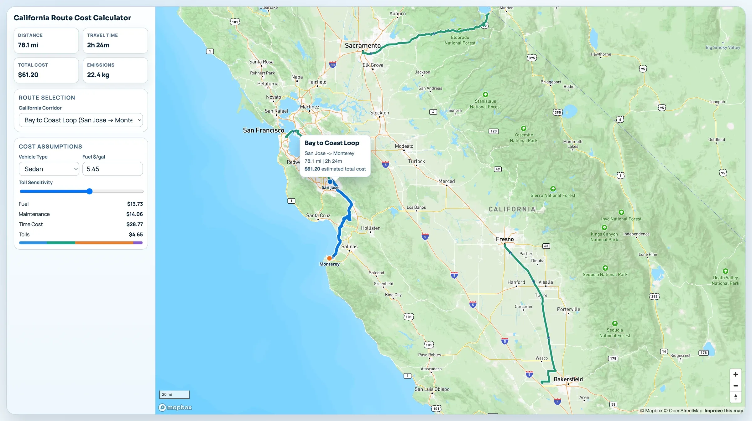 Route cost calculator with a San Jose to Monterey route selected, a route popup with distance, time, and estimated cost, and the cost breakdown by fuel, maintenance, time, and tolls