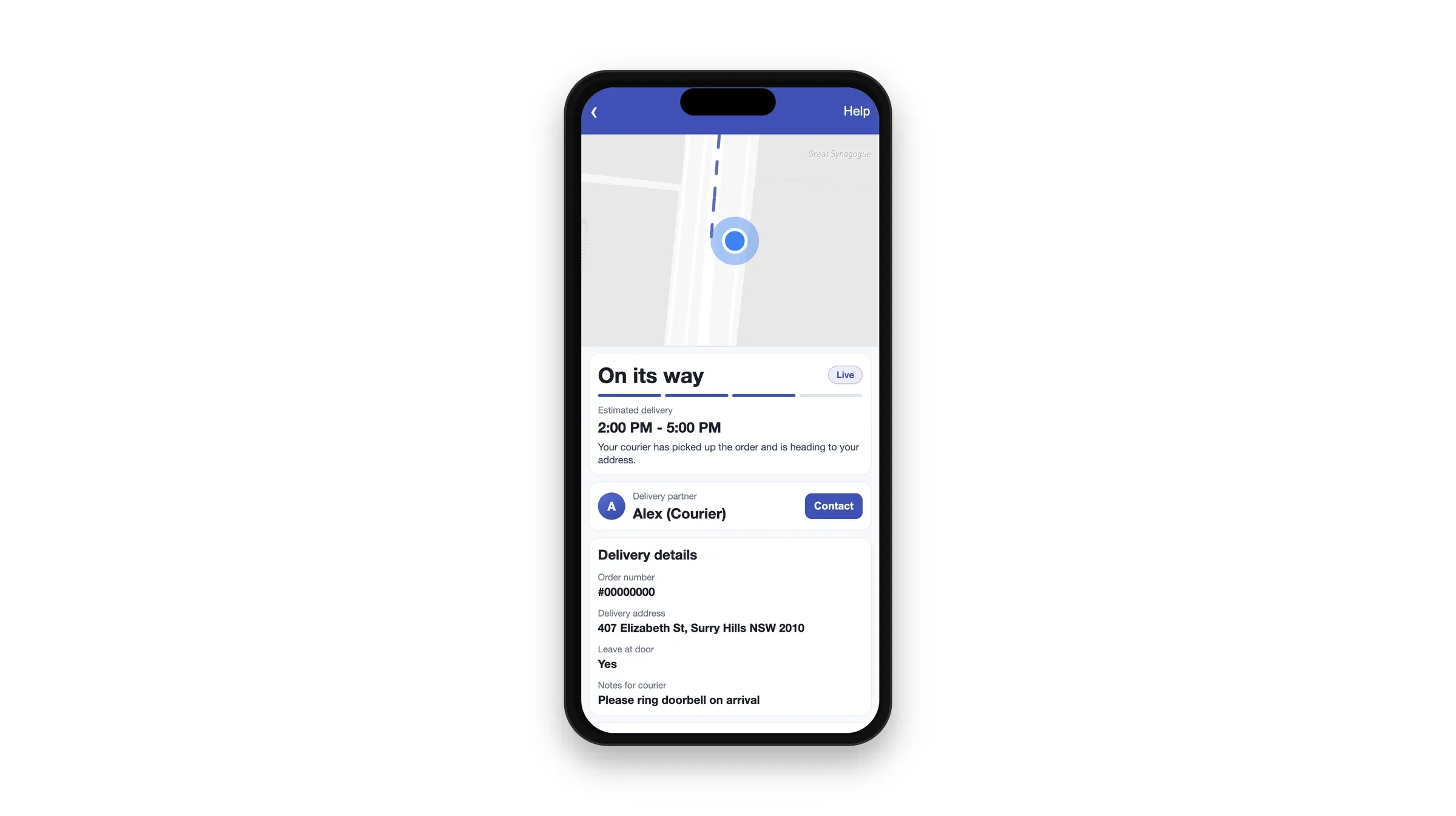 Order tracking screen on a phone with the courier marker moving along the route toward the delivery address