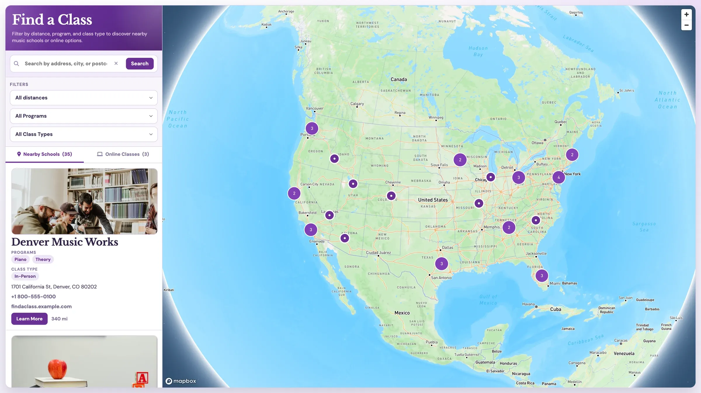Class locator zoomed out to North America, with clustered school markers and school cards listing programs, class type, and address