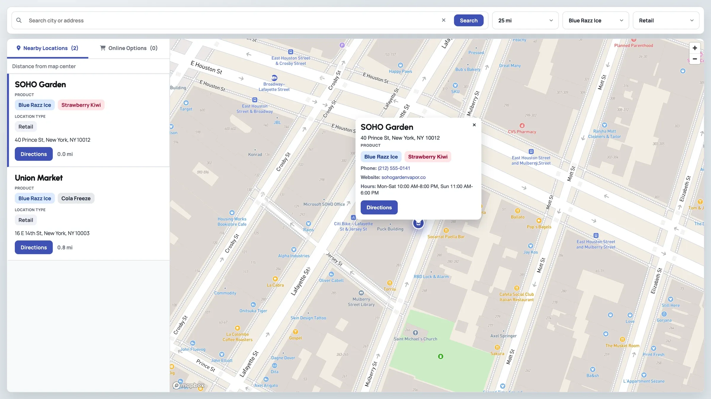 Store locator filtered by product and location type, with a marker popup showing the store address, phone, website, hours, and a directions button