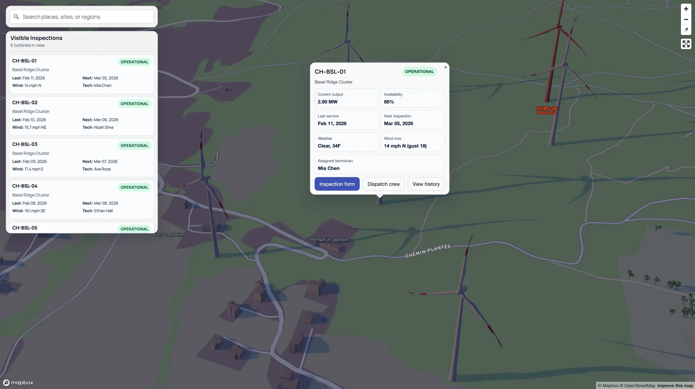 Turbine popup with current output, availability, last and next service, weather, wind, and assigned technician, plus inspection form, dispatch crew, and history buttons