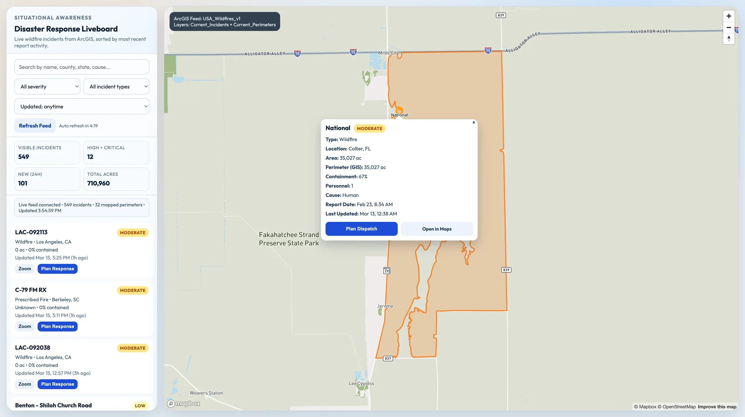 Wildfire perimeter on the map with an incident popup showing type, location, area, containment, and cause, and a Plan Dispatch button