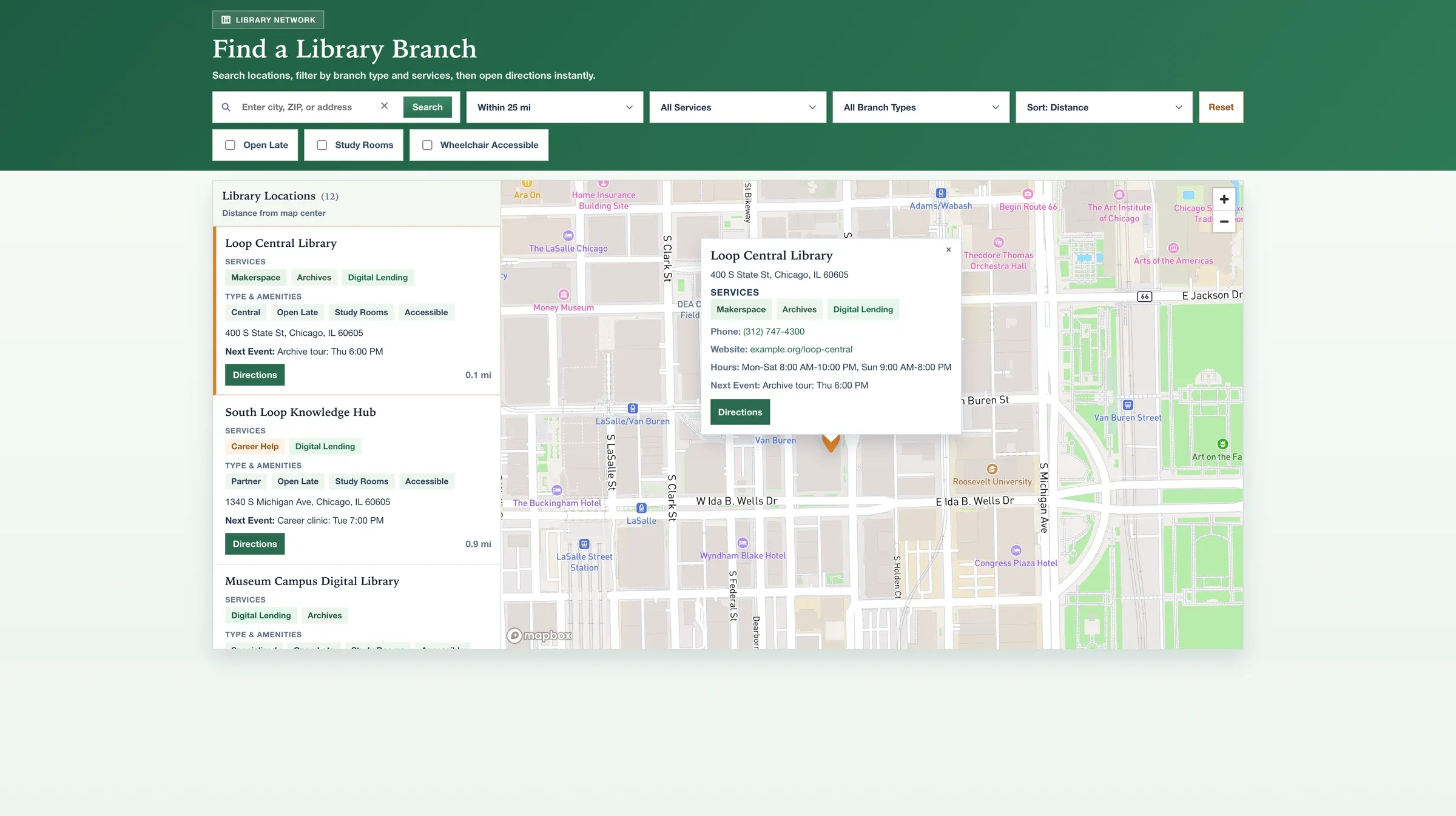 Library branch popup with address, services, phone, website, hours, next event, and a directions button