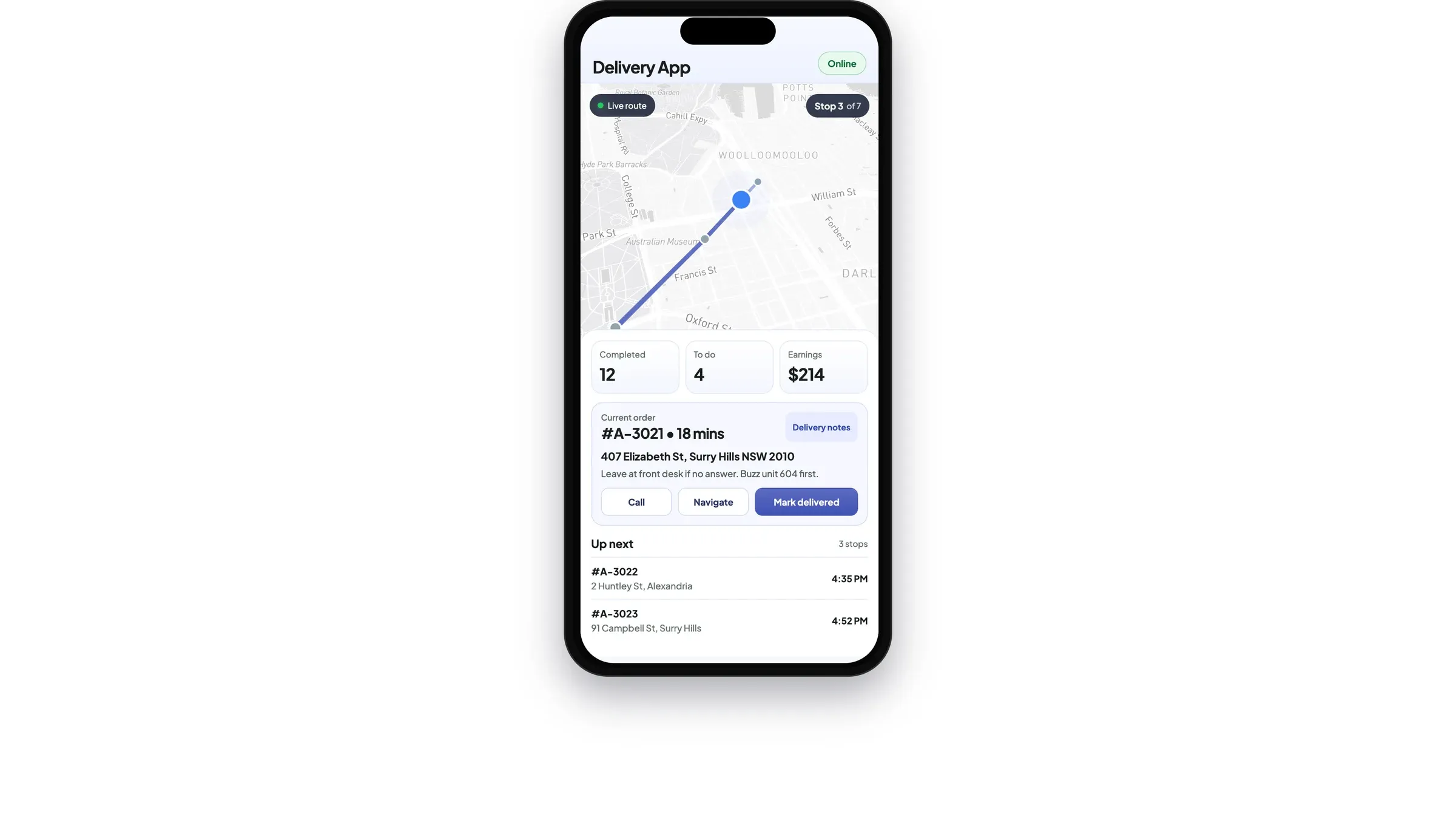 Delivery app on a phone with the driver further along the live route toward the current stop