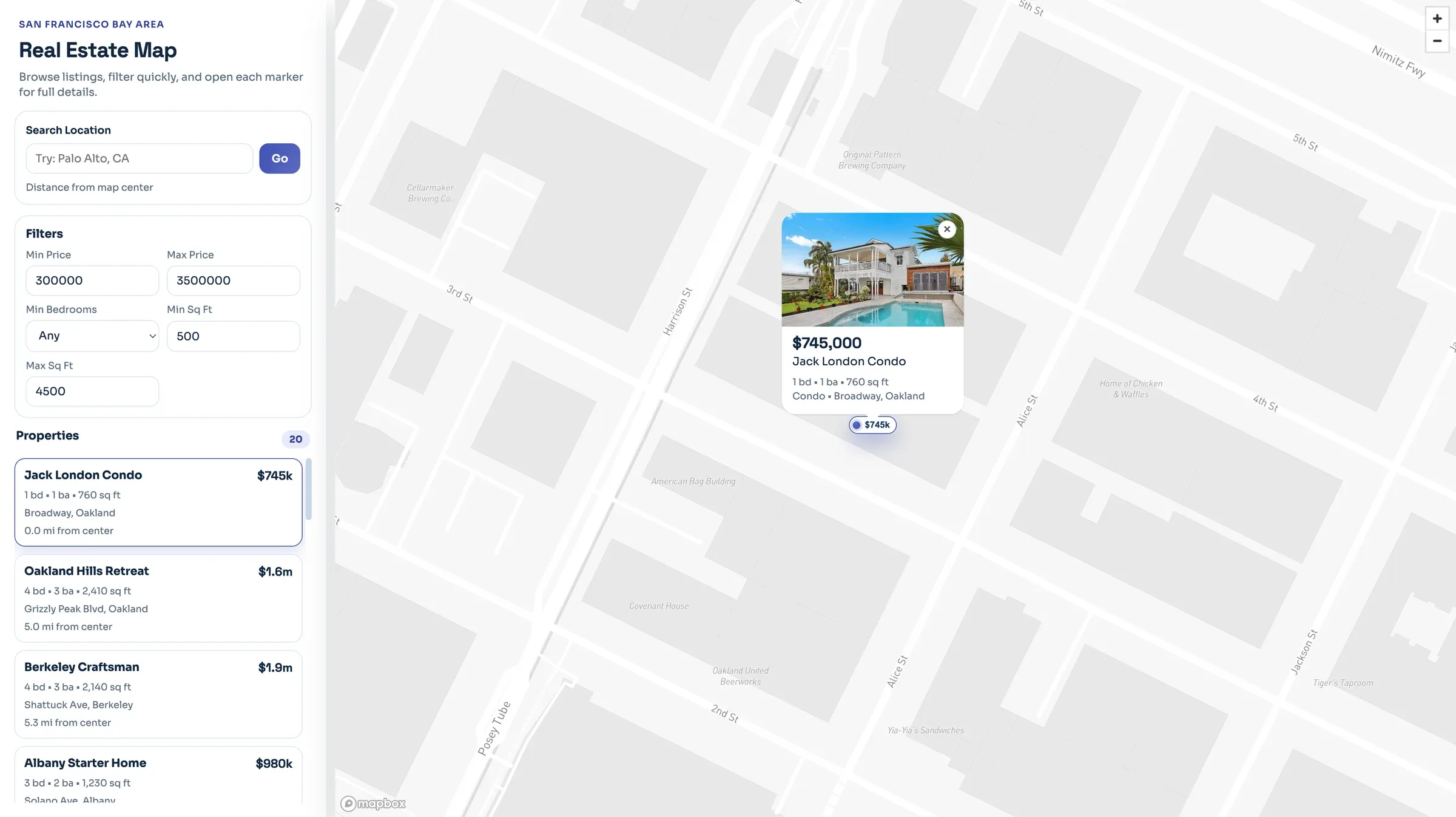 Listing popup for an Oakland condo with the matching property highlighted in the synced sidebar list
