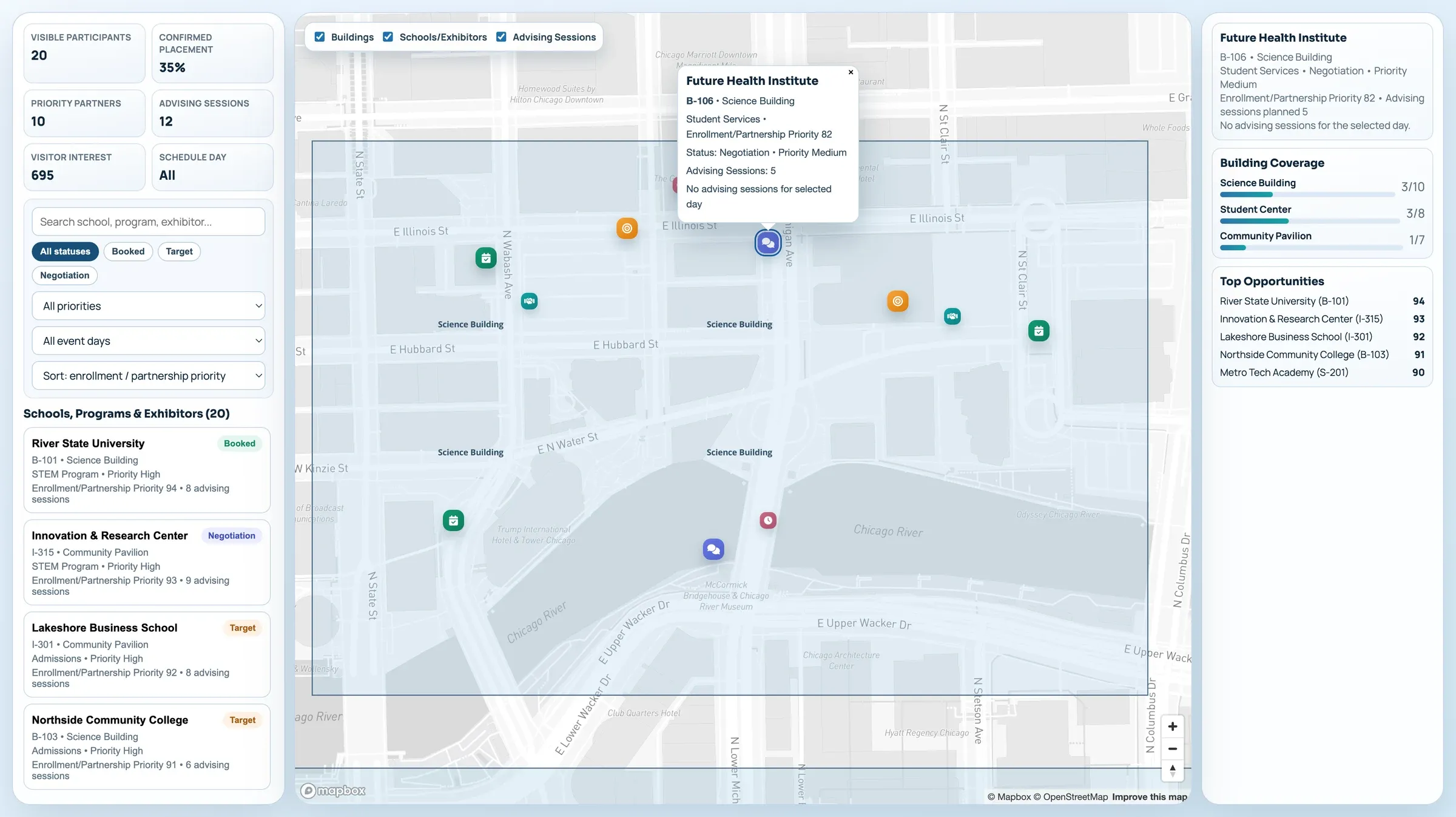 Exhibitor popup on the event map showing booth, status, priority, and advising sessions, next to the exhibitor list and top opportunities