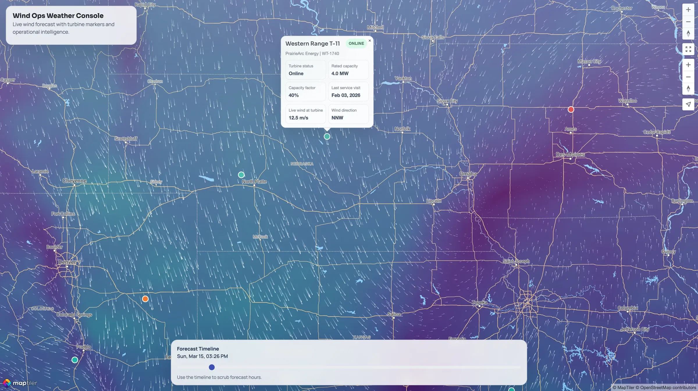 Turbine popup with status, rated capacity, capacity factor, last service visit, live wind speed, and wind direction over animated wind lines