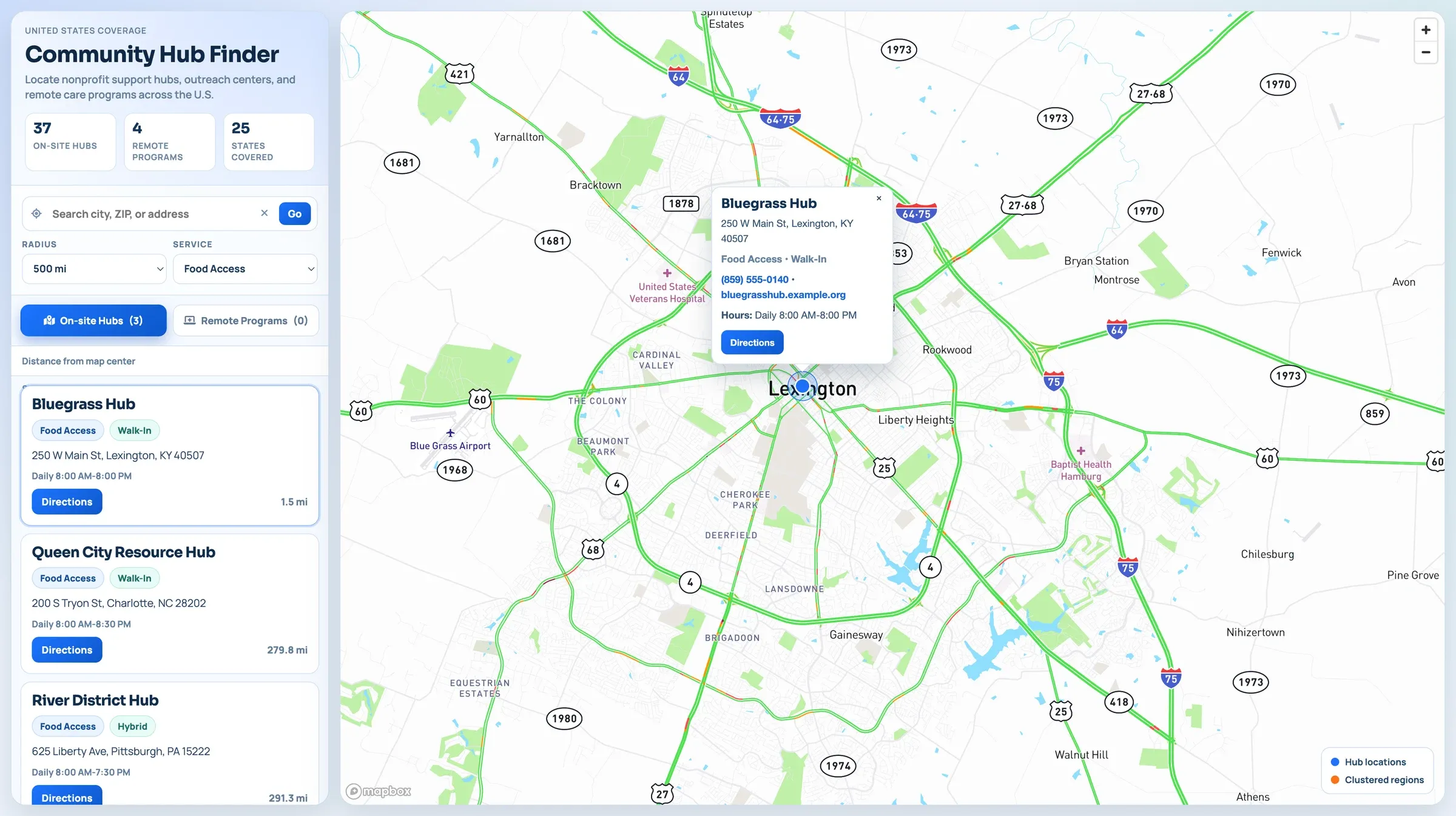Hub list filtered to food access within a radius, with a Lexington hub popup showing address, services, phone, website, hours, and a directions button