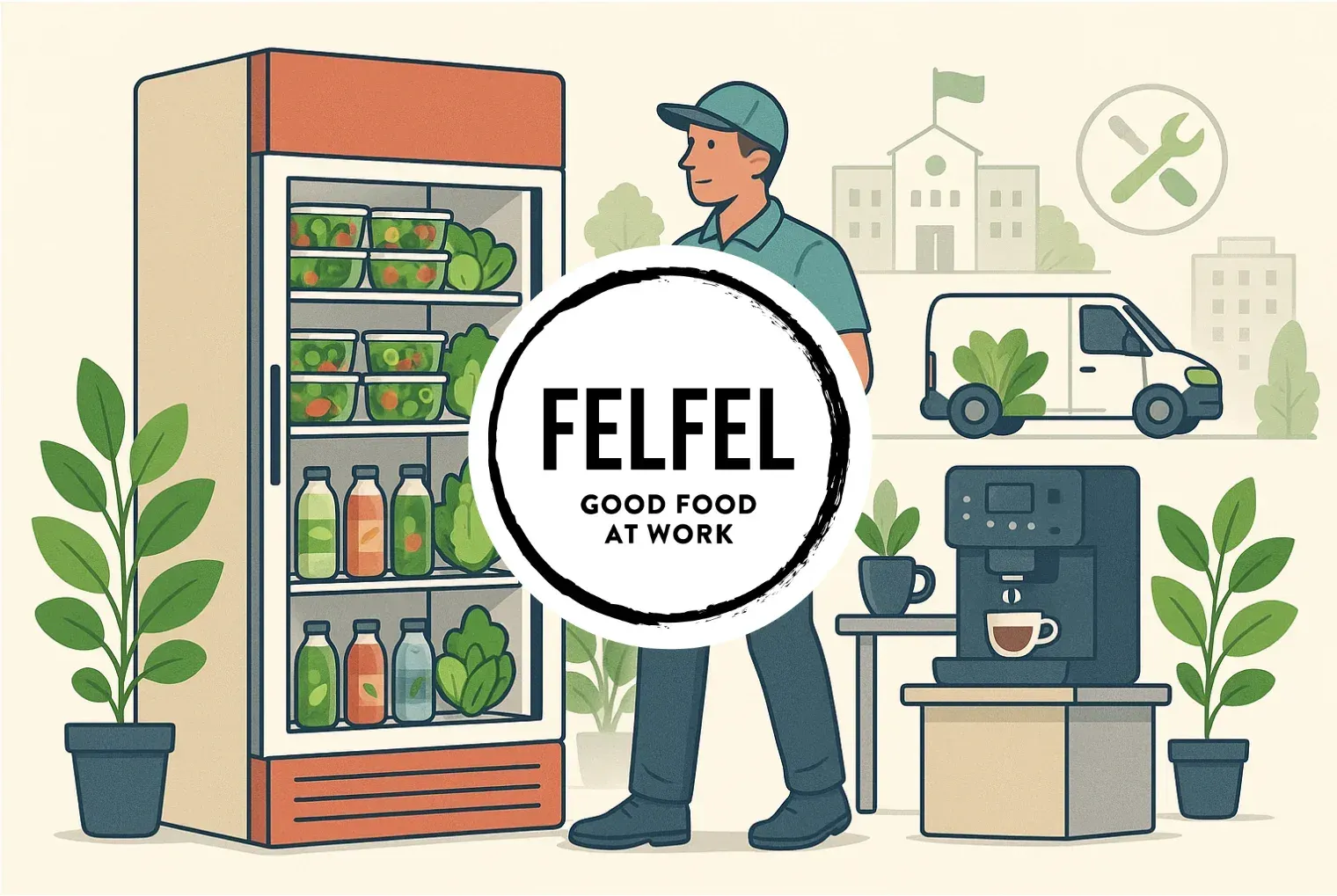 Illustration of a technician servicing a FELFEL smart fridge and coffee machine