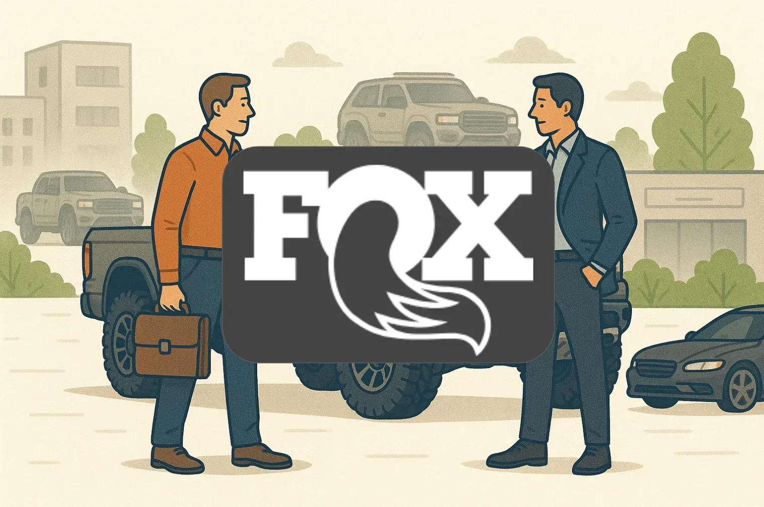 Illustration of two sales reps talking at a vehicle dealership, with the Fox logo