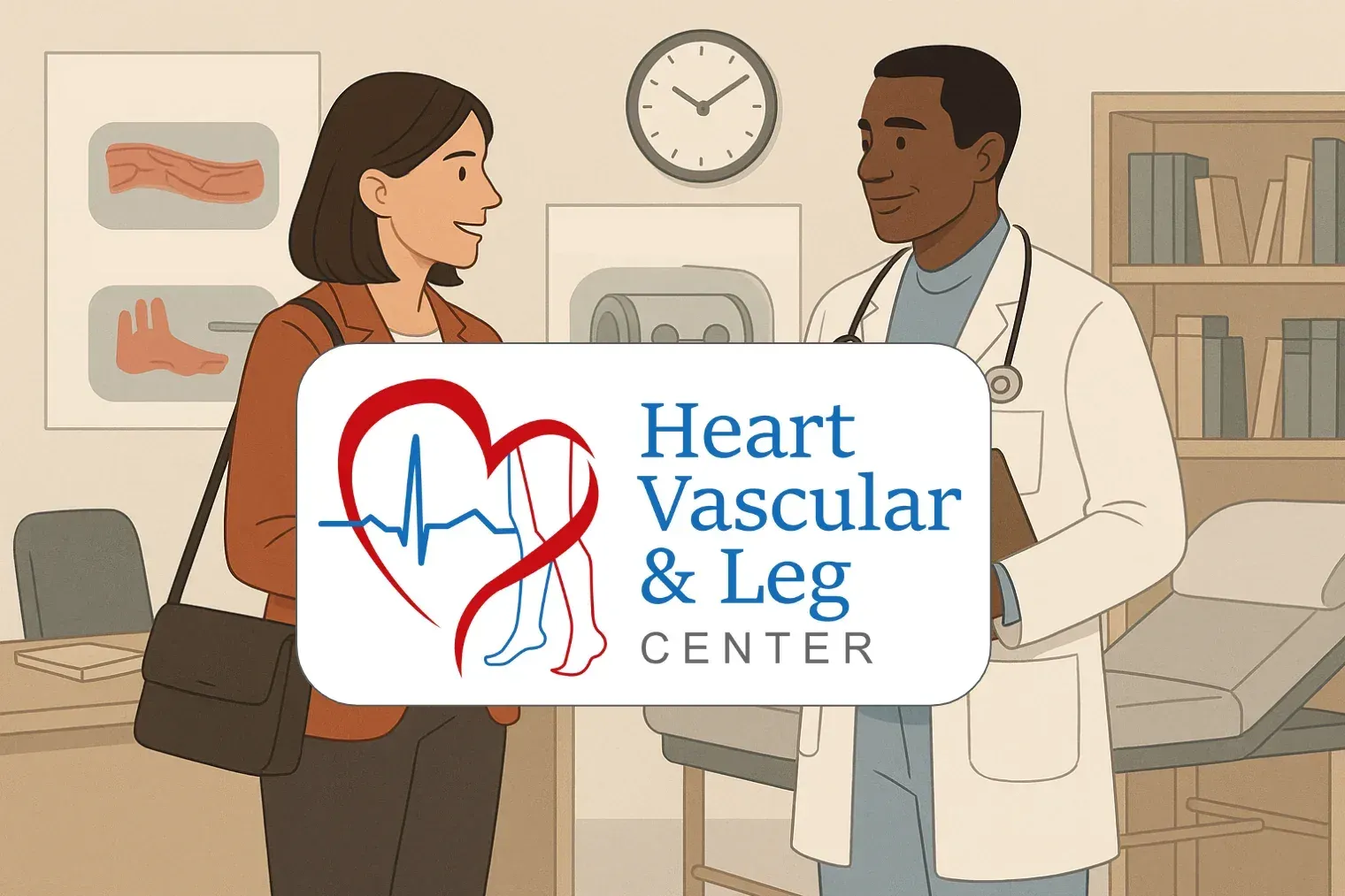 Illustration of a field marketer meeting a physician, with the Heart, Vascular & Leg Center logo
