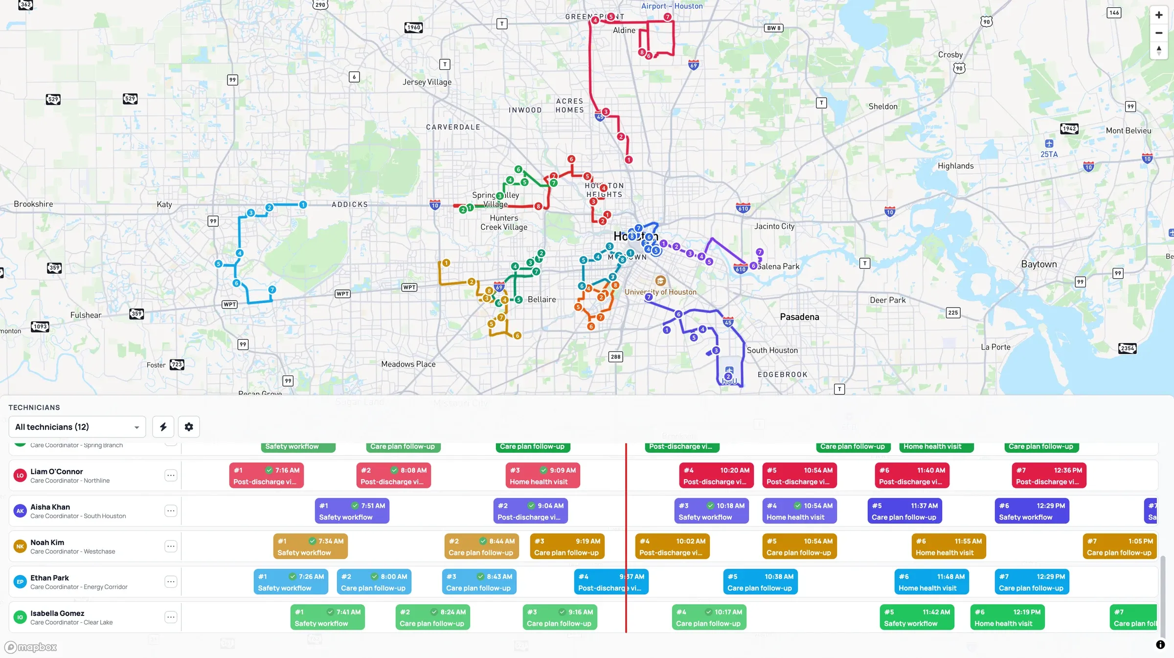 Routes of all 12 technicians on the Houston map with the full timeline of their stops