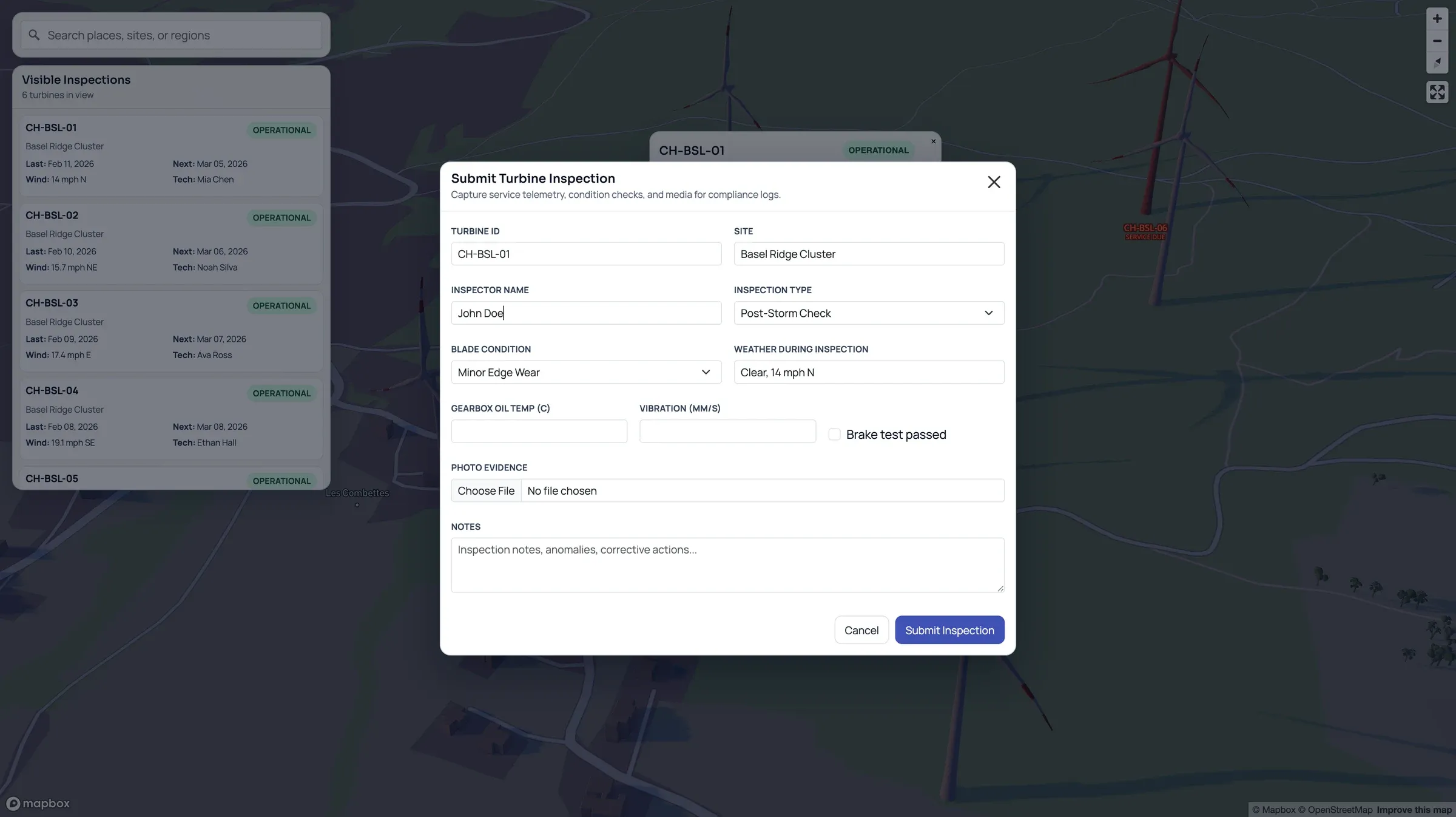 Turbine inspection form with inspector, inspection type, blade condition, weather, gearbox oil temperature, vibration, brake test, photo evidence, and notes