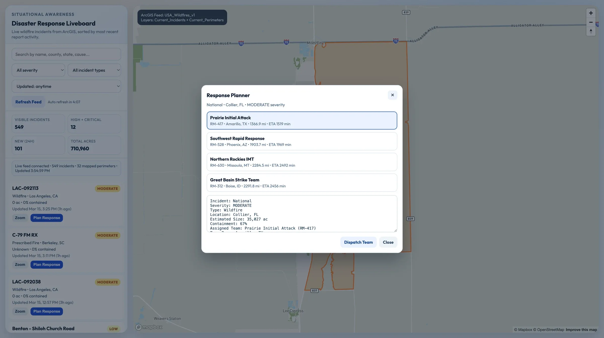 Response planner dialog listing response teams with distance and ETA and a dispatch summary for the selected wildfire