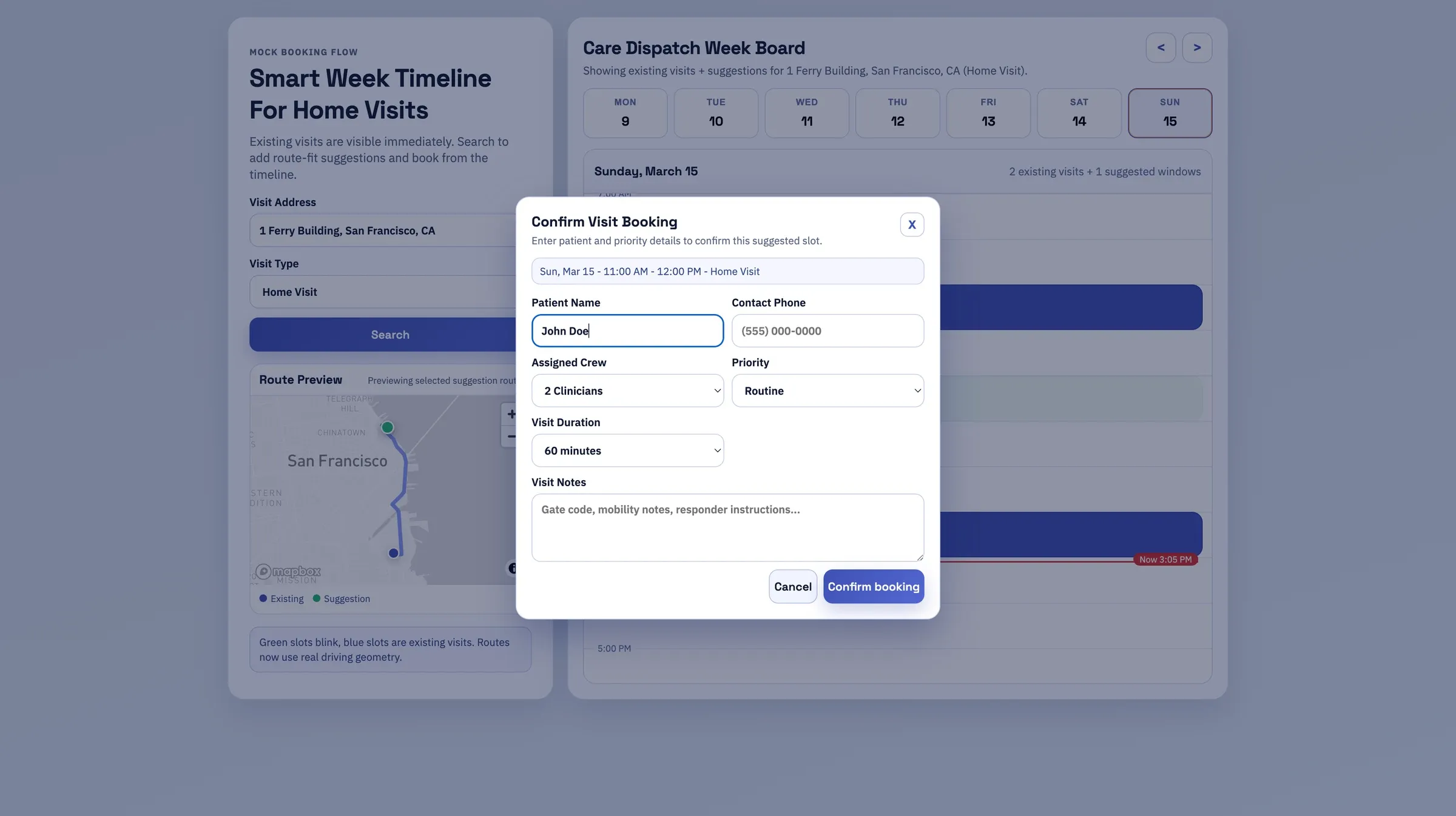 Confirm visit booking dialog with patient name, contact phone, assigned crew, priority, visit duration, and notes fields
